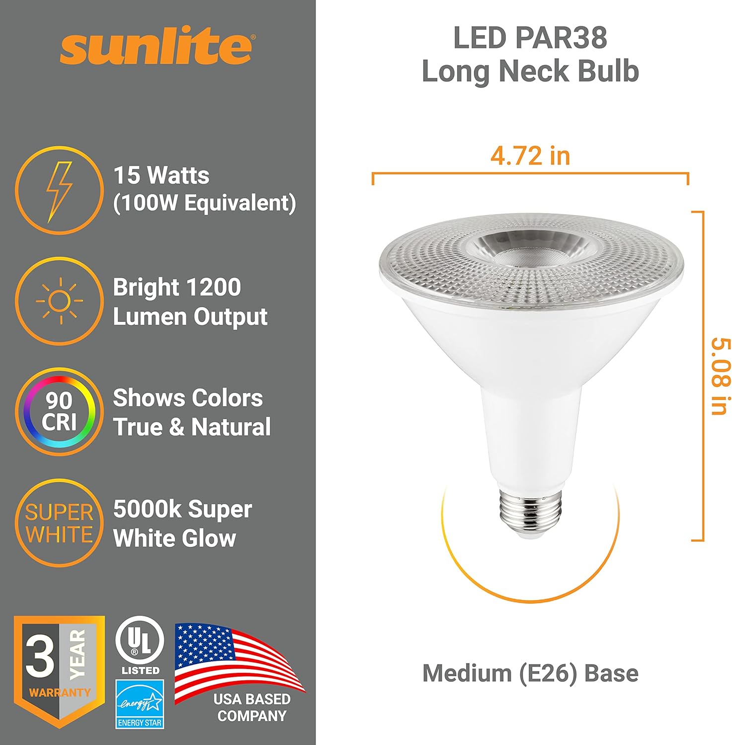 Sunlite 87937 LED PAR38 Long Neck Spotlight Bulb, 15 Watt (100W Halogen EQ), 1200 Lm, 40° Flood Beam, Medium E26 Base, 90 CRI, Dimmable, Title-20/24/CEC Compliant, UL Listed, 5000K Daylight, 1 Count
