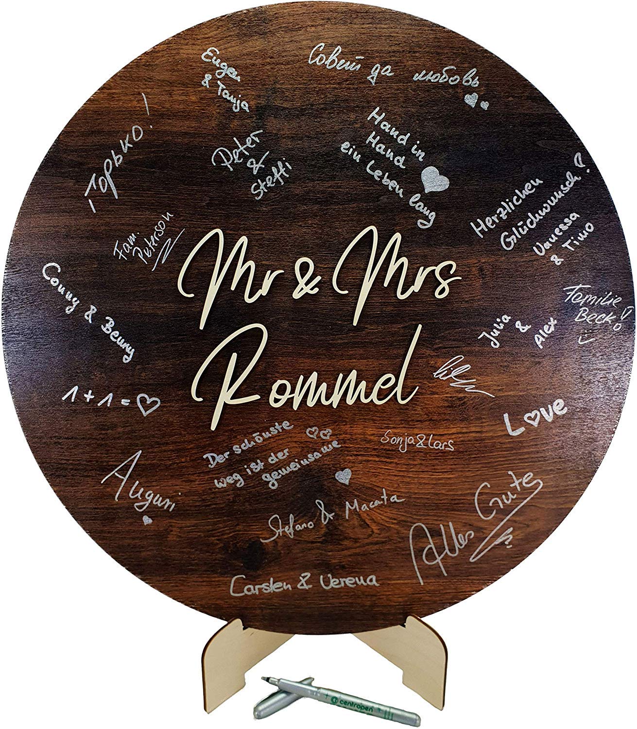 Manschin-Laserdesign Personalisiertes 3D Schrift Gästebuch aus echtem Holz Gästebuch Alternative - Hochzeit - Jubiläum - Geburstag (Eiche Dunkel, Ø 60cm)