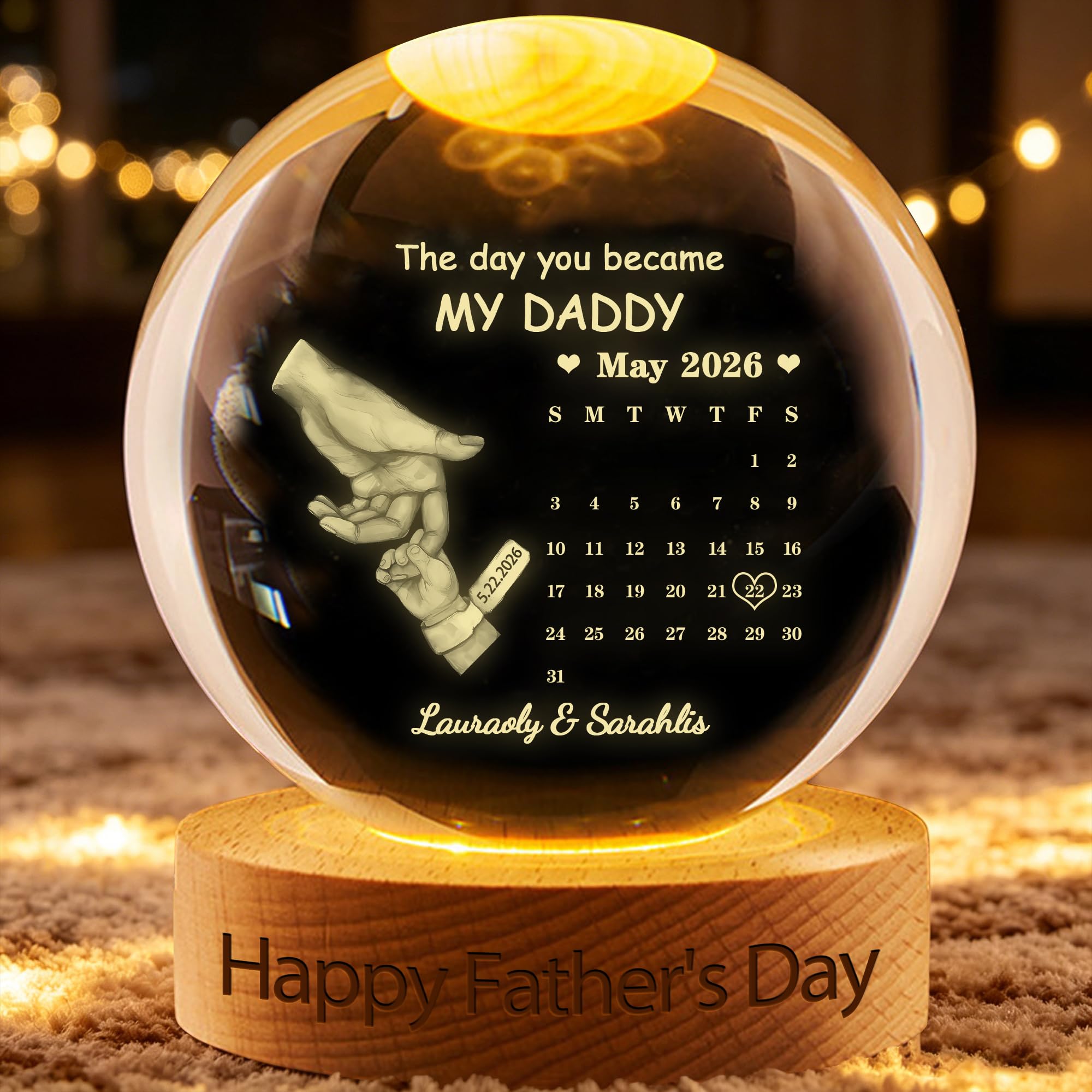 BFHEFGSUU Personalised The Day You Became My Daddy Crystal Ball Light Custom Name Funny Crystal Night Light Sign Home Bedroom Decor Gifts Dad Grandpa Father's Day Birthday Xmas (S 04)