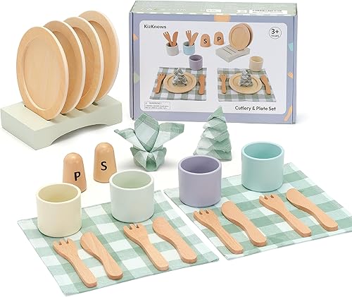 Juego de platos de juguete de madera para niños pequeños, juego de cubiertos y accesorios de cocina para niños, juego de rol, regalo de comida para