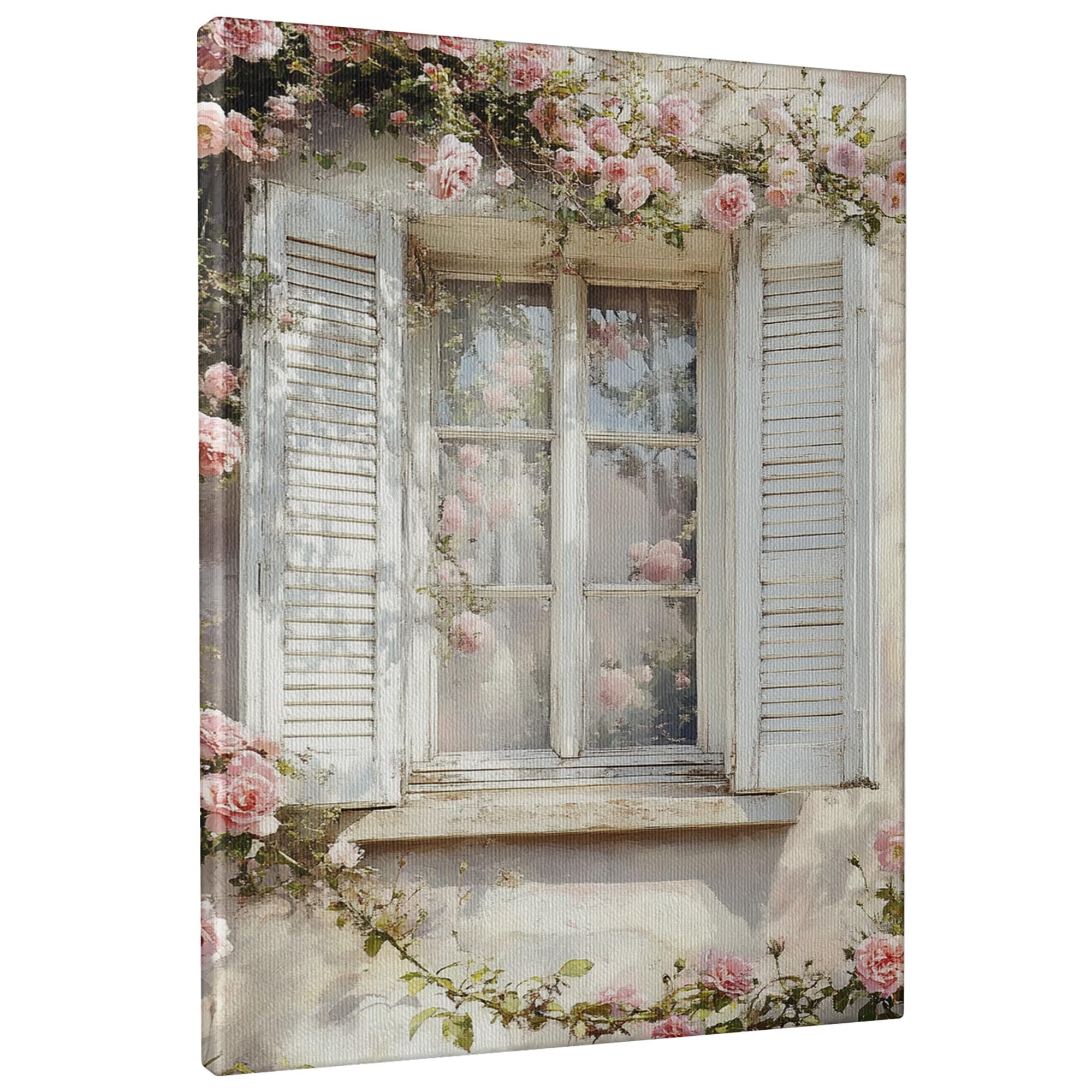 Spring Floral Canvas Wall Art, Pastel Peach Rose Window Decor, Vintage Shabby Chic Design for Living Room, Bedroom, Dining Room, Unframed 8x12 Inch