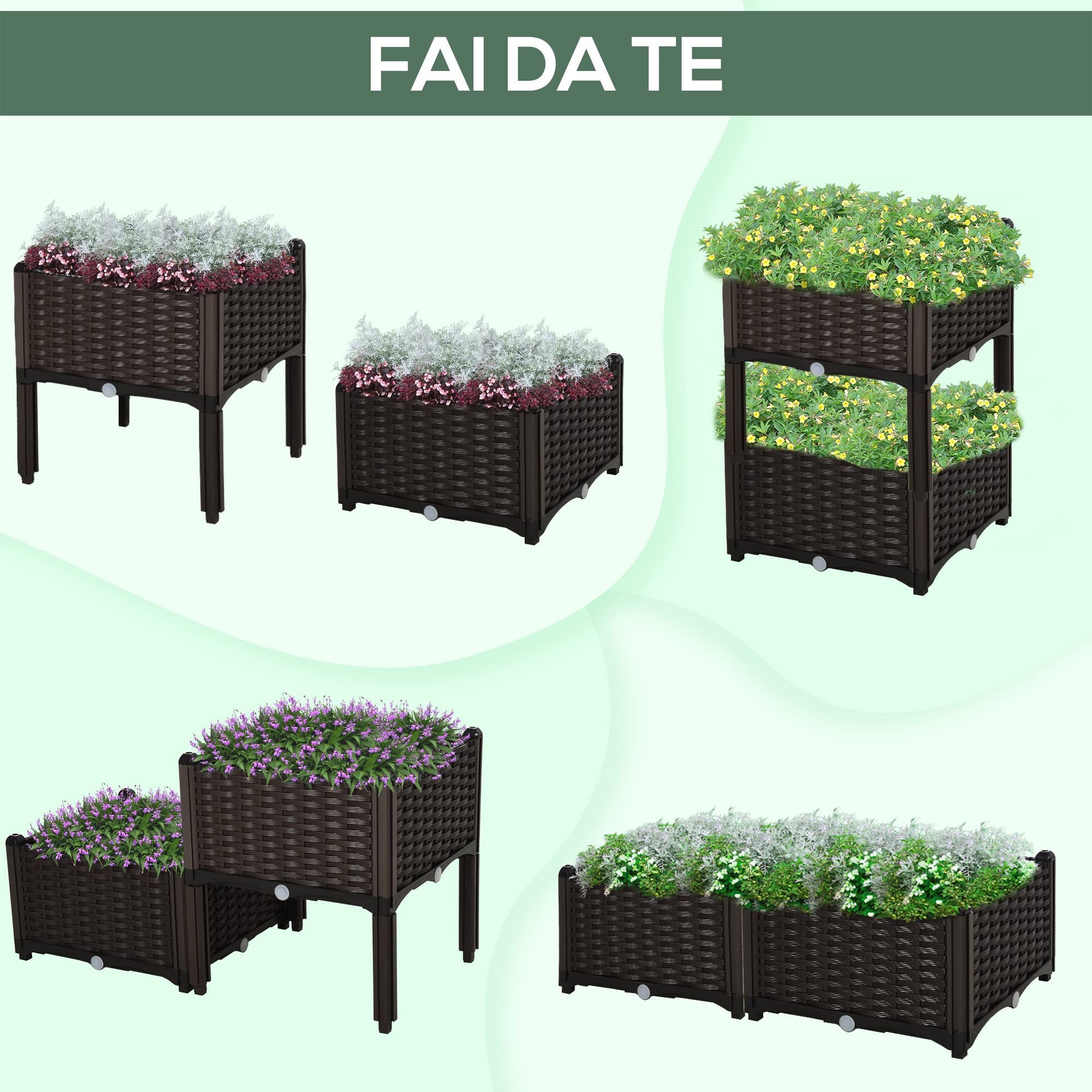 Outsunny Set 2 Pezzi Fioriere da Esterno Autoirriganti Rialzate Letto da Giardino Rialzato per Fiori Effetto Rattan in PP, Marrone