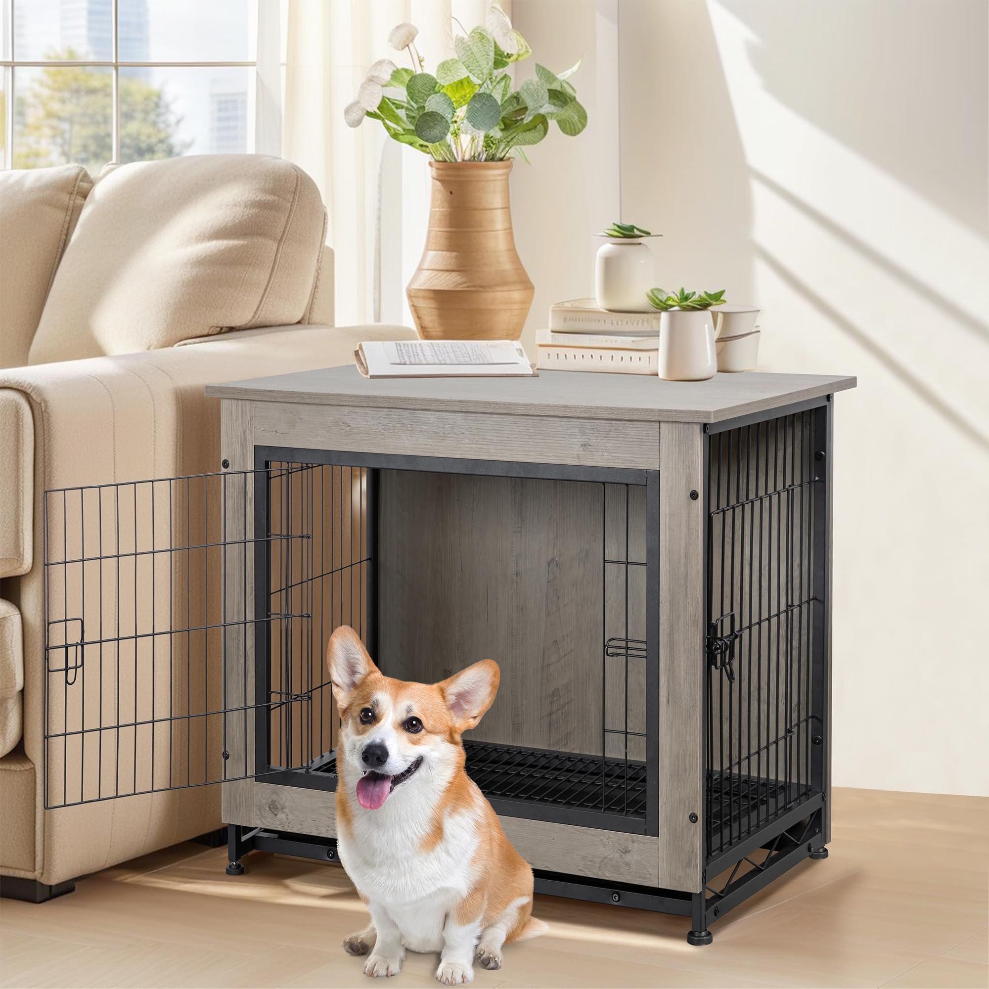 Shintenchi Dog Crate Furniture, Double-Doors Kennel Indoor with Removable Tray, End Table Dog House for Small Breed, 27.2" L, Grey