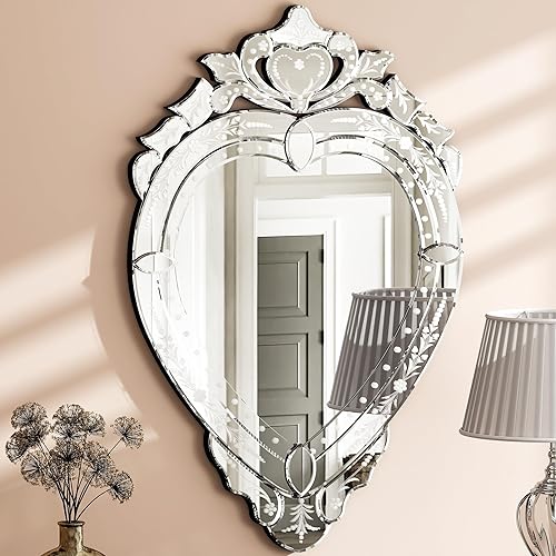 SHYFOY Espejo veneciano para pared, 37 x 25 pulgadas, con forma de corazón, grandes para sala de estar, espejo decorativo sin marco, plateado para