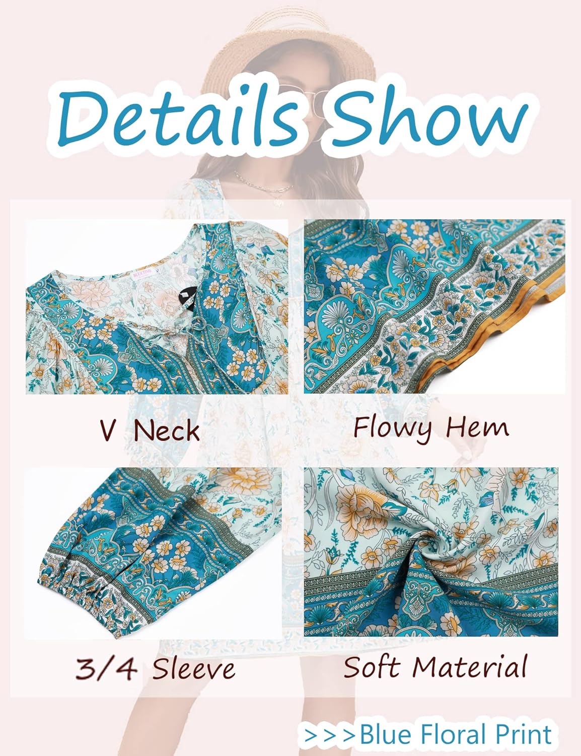 Bluetime Women Casual Summer Dress Boho V Neck 3/4 Sleeve Babydoll Floral Print Flowy Beach Dress - Image 6
