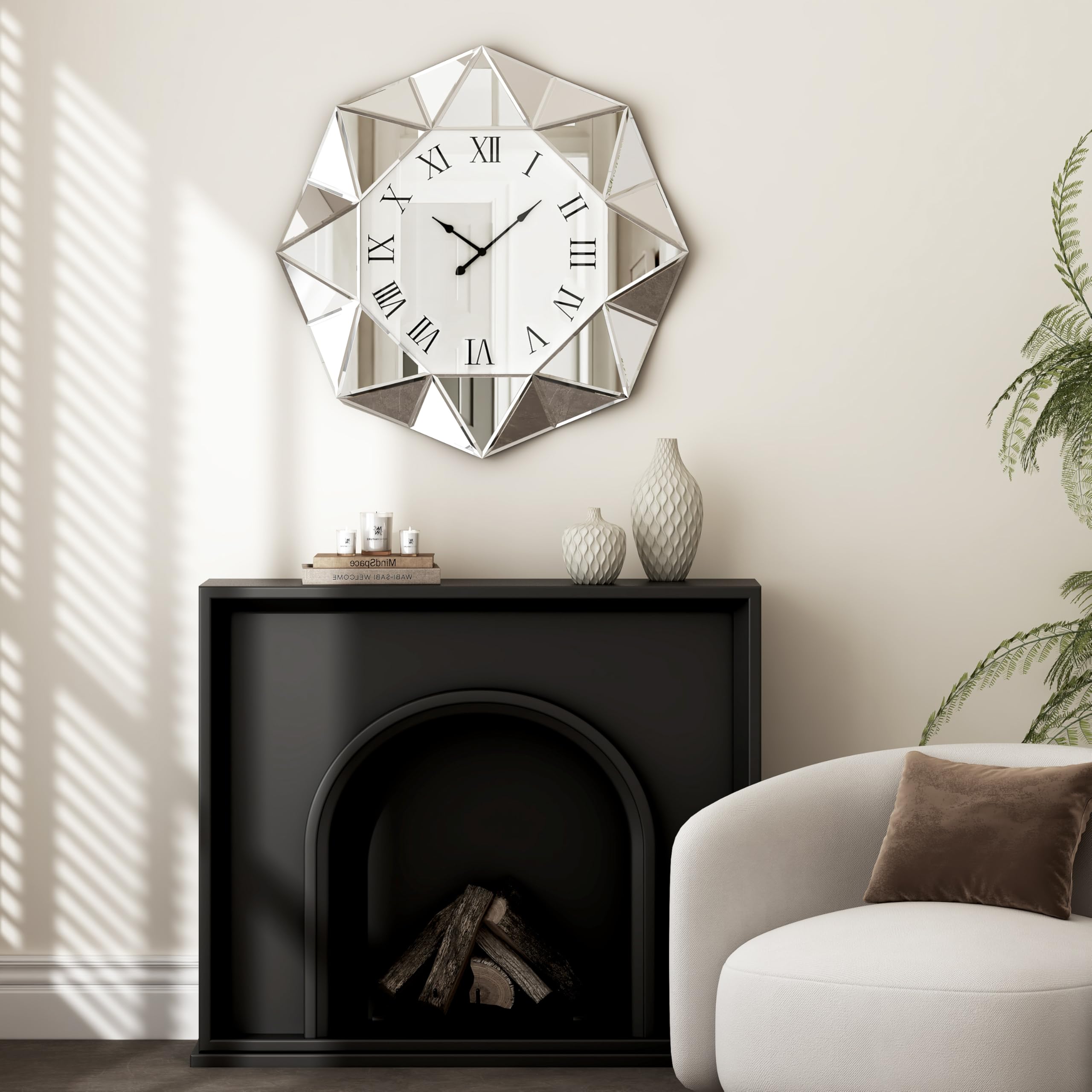 Reloj de pared decorativo, reloj grande plateado con espejo, reloj silencioso moderno con marco biselado de diamante, reloj de pared para sala de estar, comedor, 23.4 pulgadas