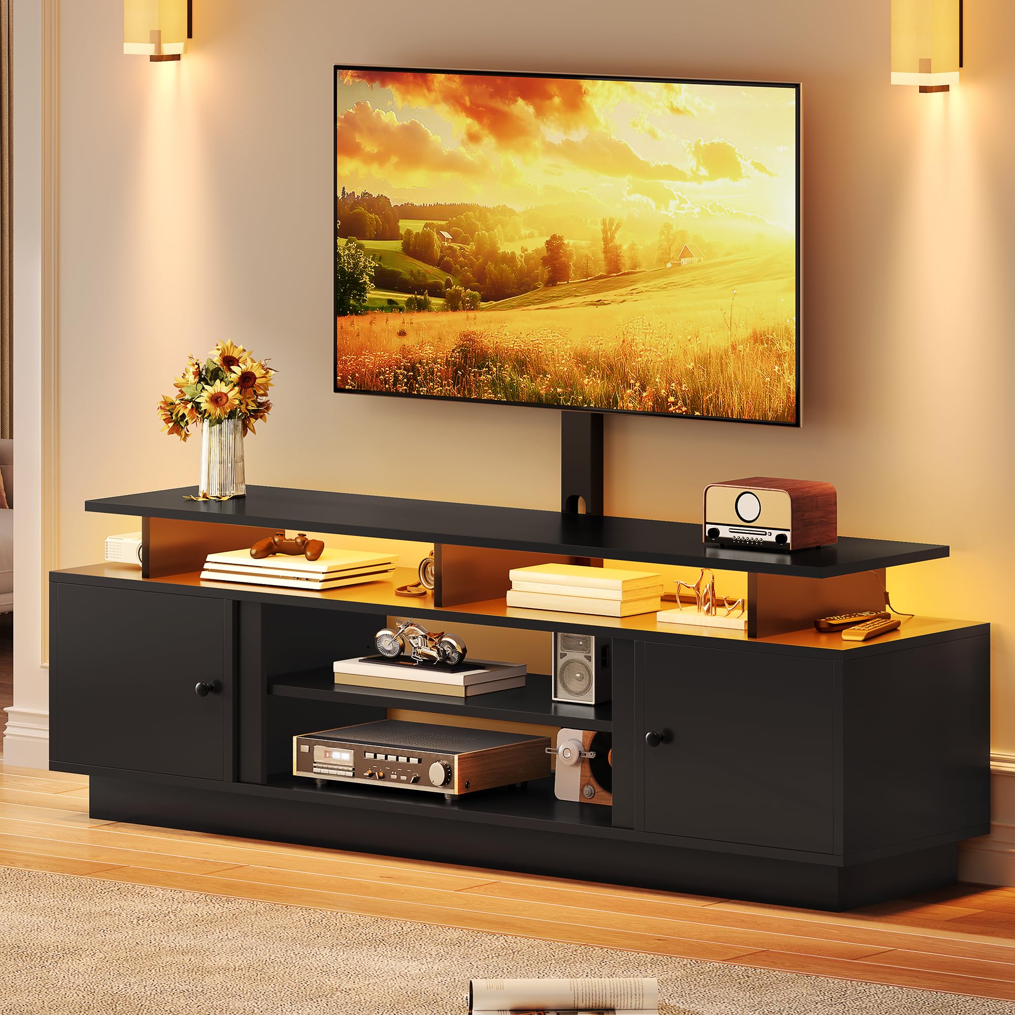 YITAHOME 70" TV Stand with Mount for TVs up to 75/80 Inches, Entertainment Center with Power Outlet & LED Lights, Modern TV Console for Living Room (Black)