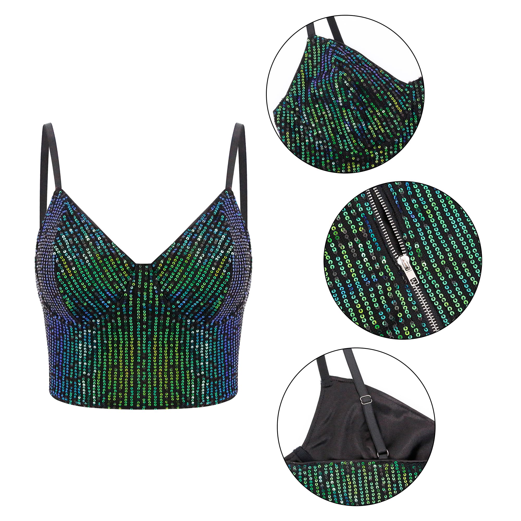 Canottiera da donna riflettente metallizzata, bustier con spalline sottili crop top aderente senza maniche a tubo, camicetta, Paillettes nero, XL