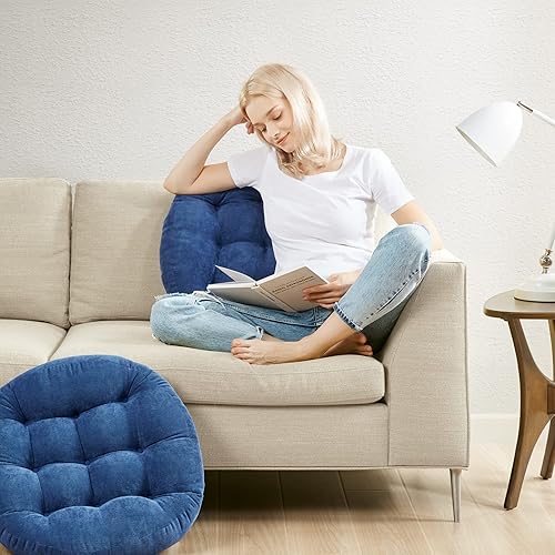 Miniatura 5 de Degrees of Comfort - Cojines redondos y grandes de pana y capitoné para el suelo y sala tatami, para adultos, azul marino, 22 pulgadas, paquete de 1