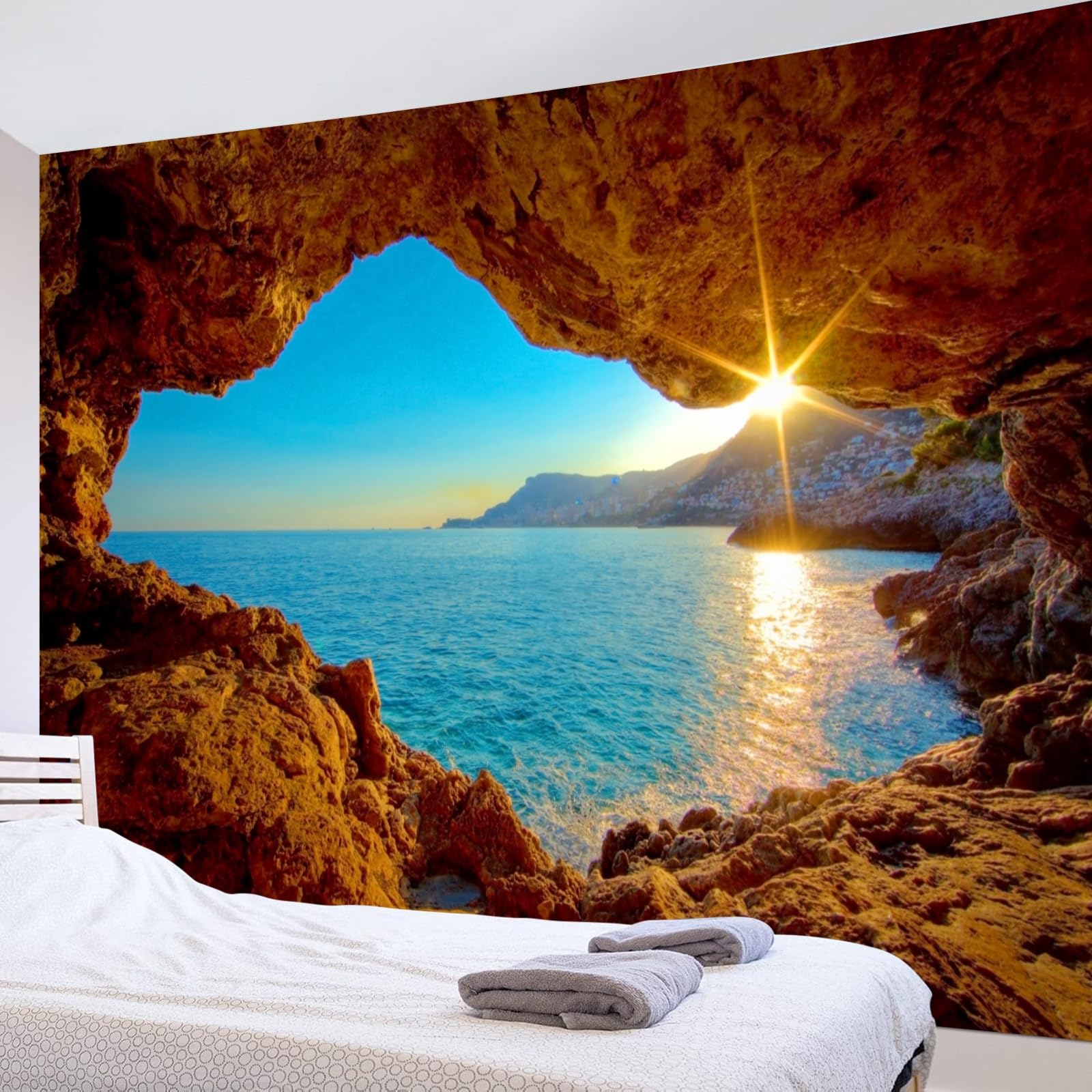 Calefee Arazzi da Parete Camera da Letto 150x130, Arazzo Grotta Tramonto Sul Mare Natura, Decorazione Murale per Soggiorno