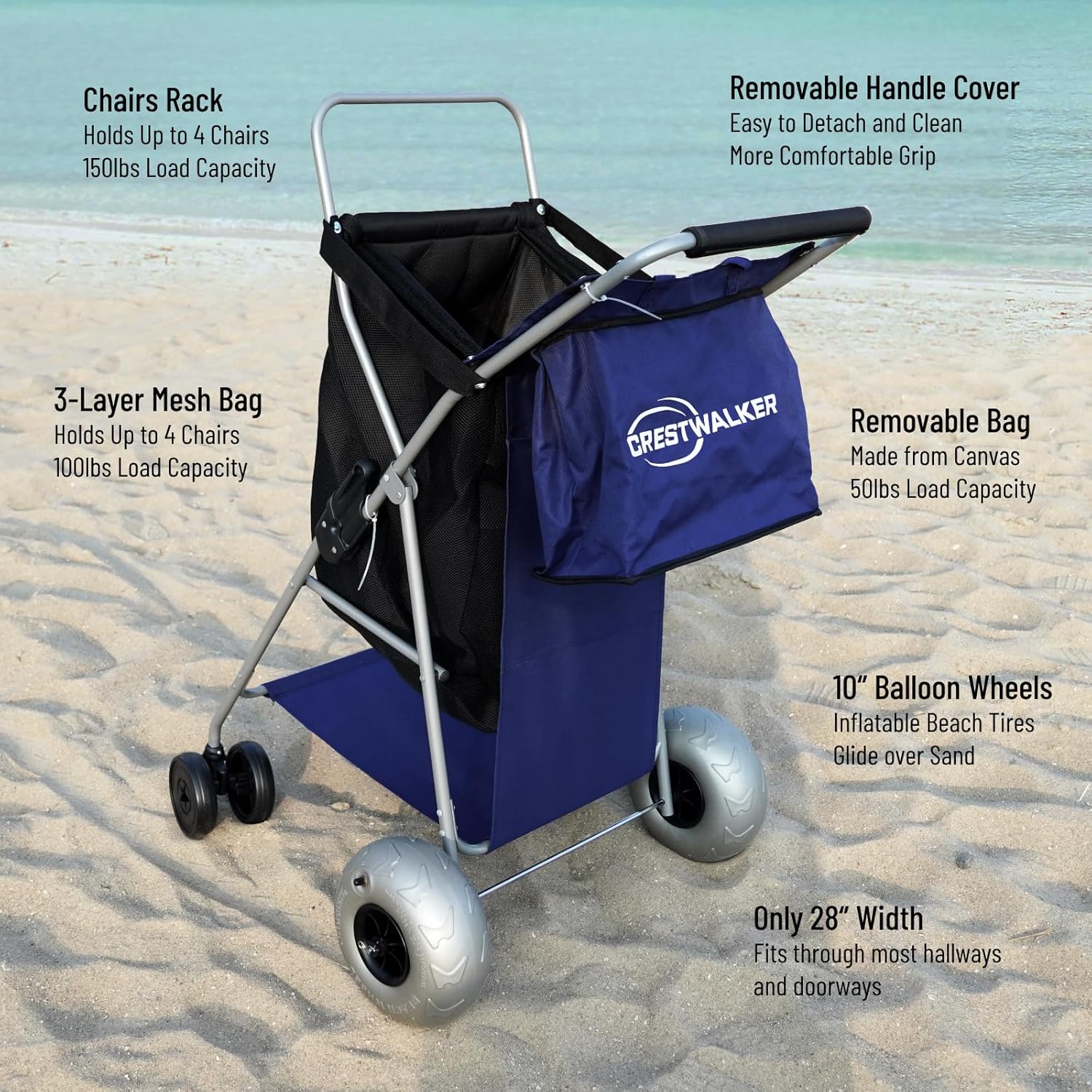 Beach Cart with 13‘’ Upgraded Balloon Wheels and Steel Cooler Shelf, Holds 4 Folding Chairs, Collapsible Wheeler with Big Wheels for Sand, Pump Included