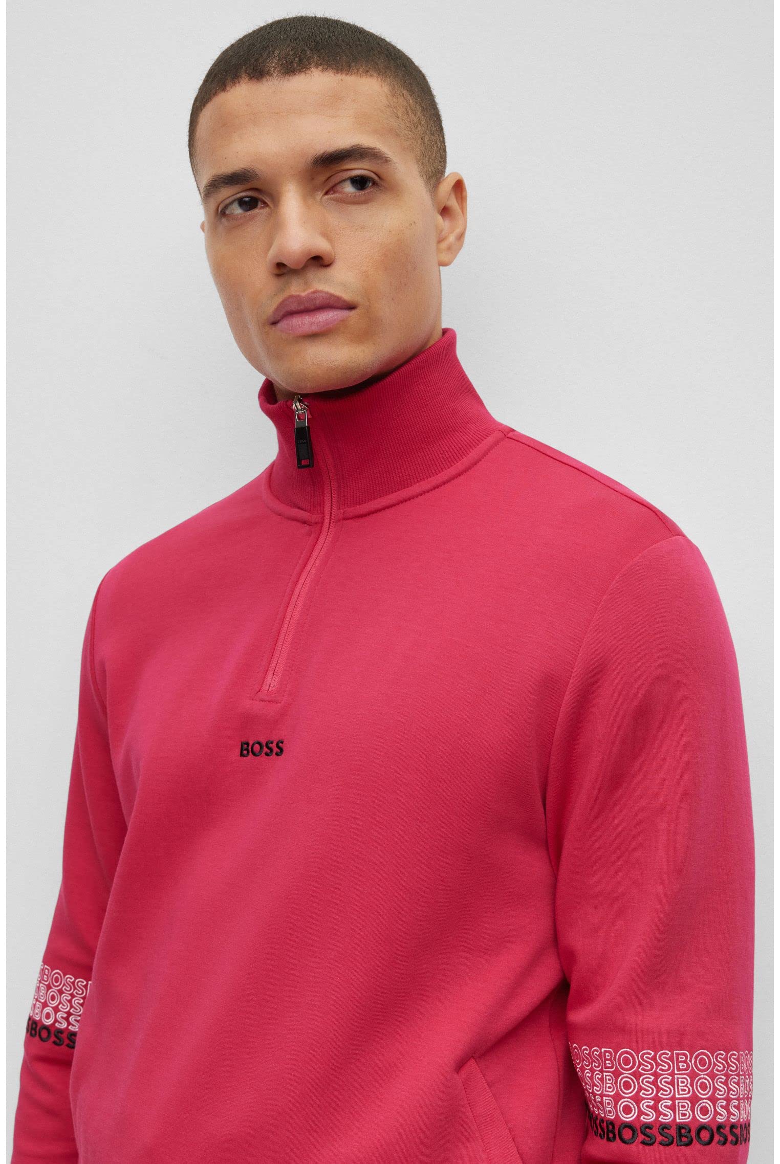 BOSS Męska bluza dresowa 1 z kołnierzem Troyer i wyszywanym logo, Rosa, XL