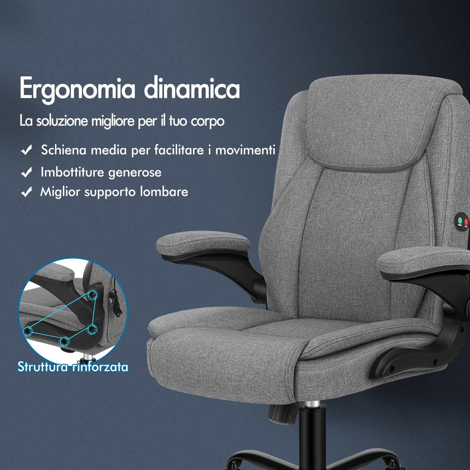 ALFORDSON Sedia Scrivania Ergonomica con Massaggio, Sedia Ufficio Poltrona Girevole ad Altezza Regolabile per Ufficio e Studio Sala Riunioni, Supporto Lombare, Portante di 150 kg, Tessuto(Grigia)