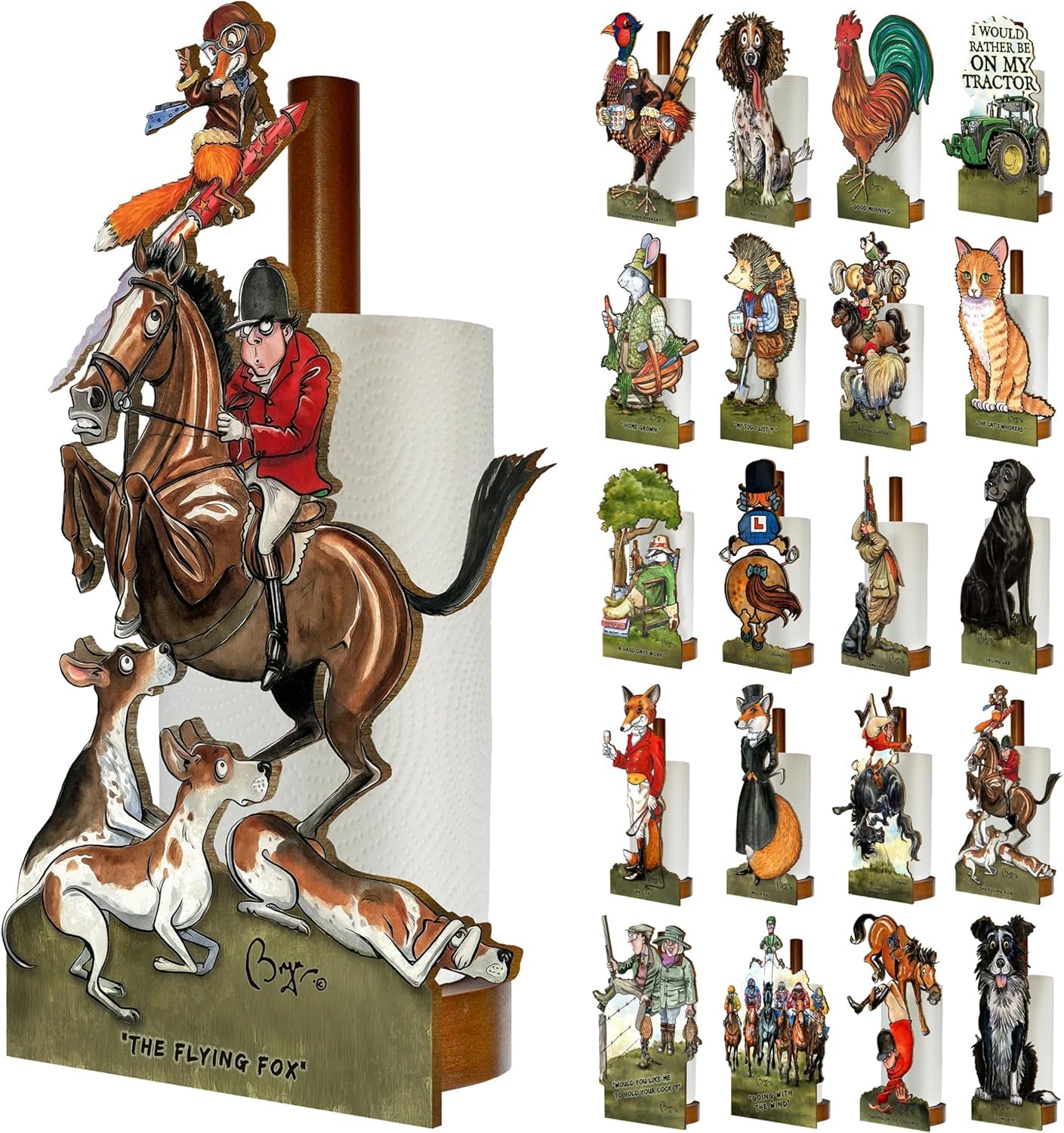 Looprints Fun Toilet Roll Storage & Kitchen Towel Holder Wooden Stand | Bryn Parry Equestrian Art | Novelty Kitchen & Bathroom Decor & Accessories | A Great Gift Idea For Fans Of Foxes,Horse & Hounds.