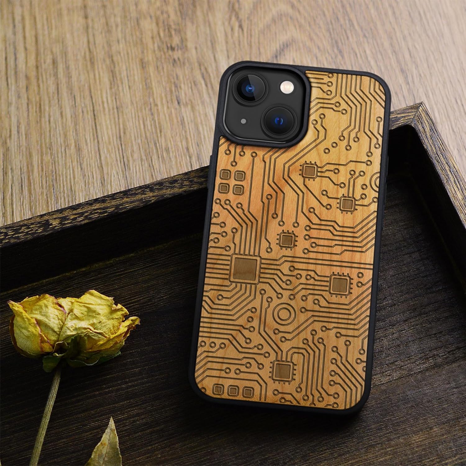 Carveit Magnetic Wooden Case for iPhone 15 Case, Compatible with MagSafe Wireless Chargers, Black Soft TPU Shockproof Cover & Wood Artisan Engraved (Motherboard) - Cherry