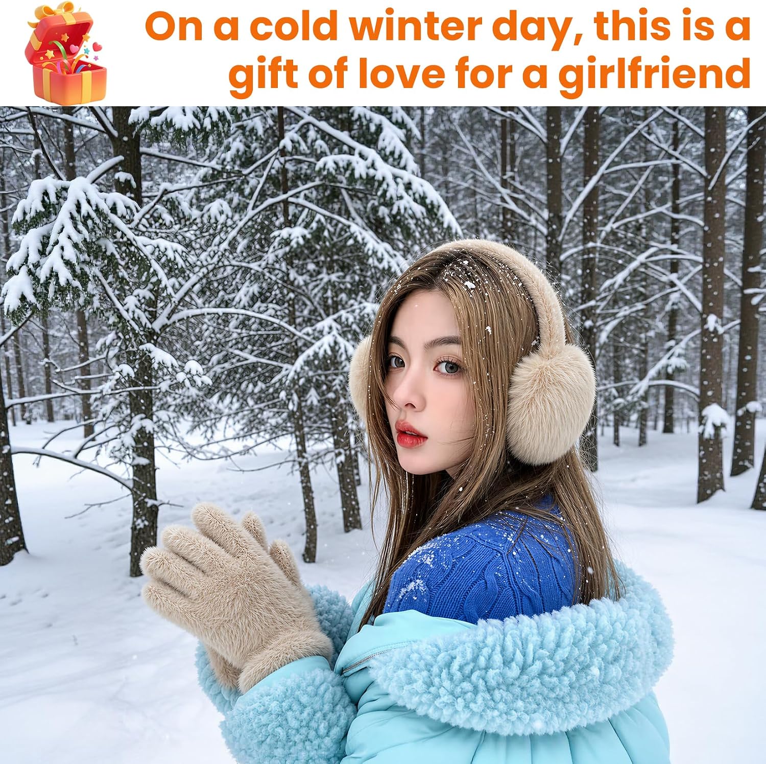 Women Winter Ear Muffs & Gloves Set, Foldable Faux Fur Warm Earmuffs