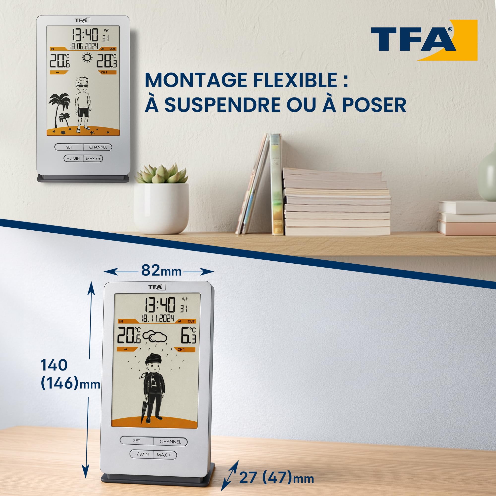 TFA Dostmann Station météo sans fil Weather Jack, 35.1166.54, température extérieure/intérieure, capteur ext, prévisions météo, avec suggestions de vêtements, argenté