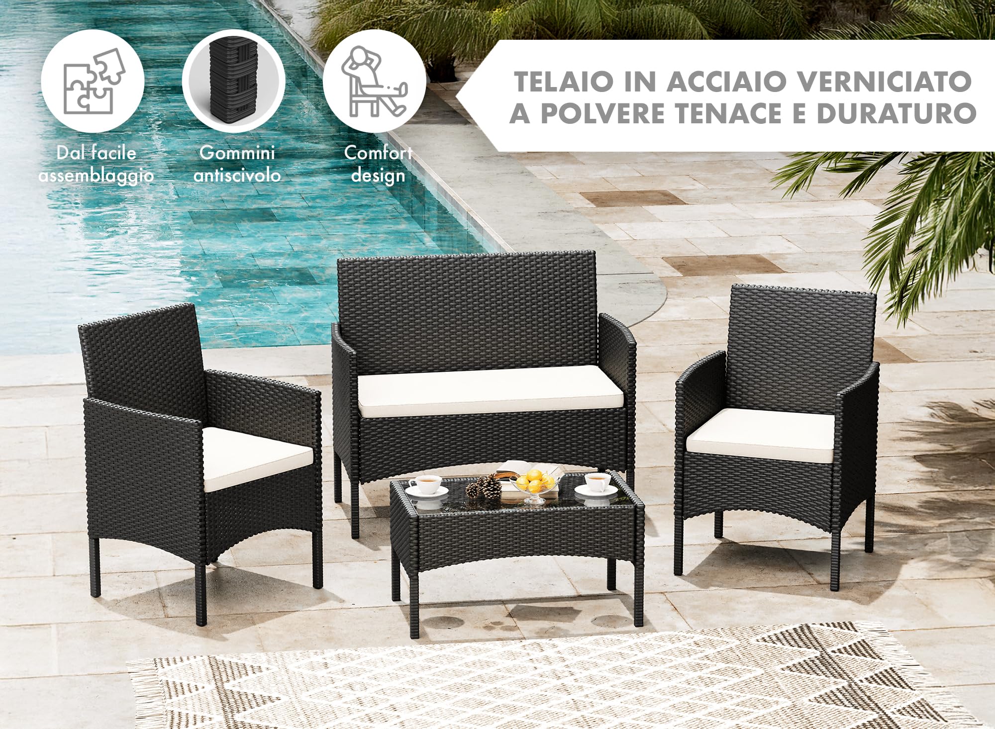 Salotto da Esterno in Rattan 4 Posti con Divano, 2 Poltrone e Tavolo in Vetro Temperato – Set Giardino Premium Waterproof con Cuscini Sfoderabili per Terrazzo e Patio - Salotto Relax Estivo (Rattan)