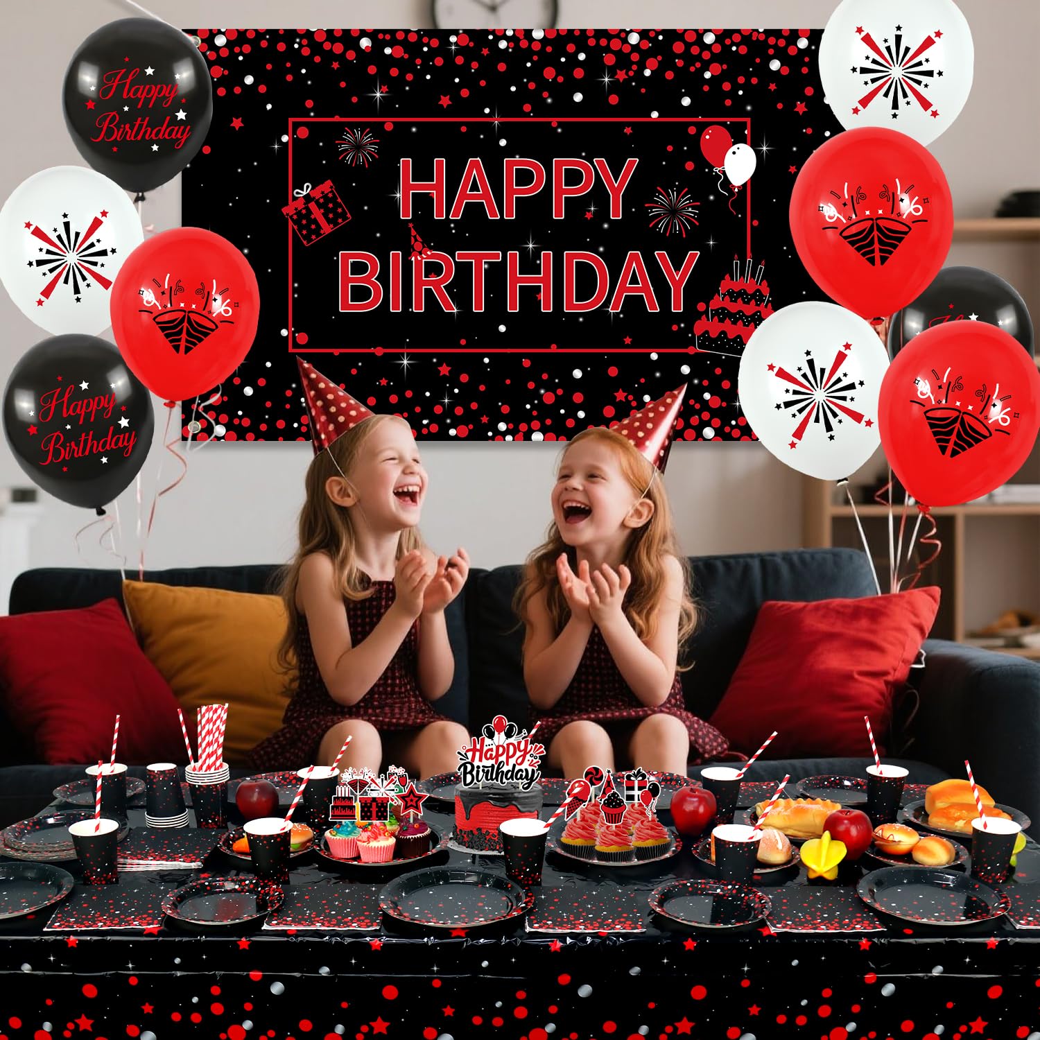 Decorazione di compleanno rosso e nero – accessori per feste rosso nero, tra cui striscioni, piatti, decorazioni per torte, bicchieri, tovaglioli, palloncini, tovaglie, per 20 persone (BJ)