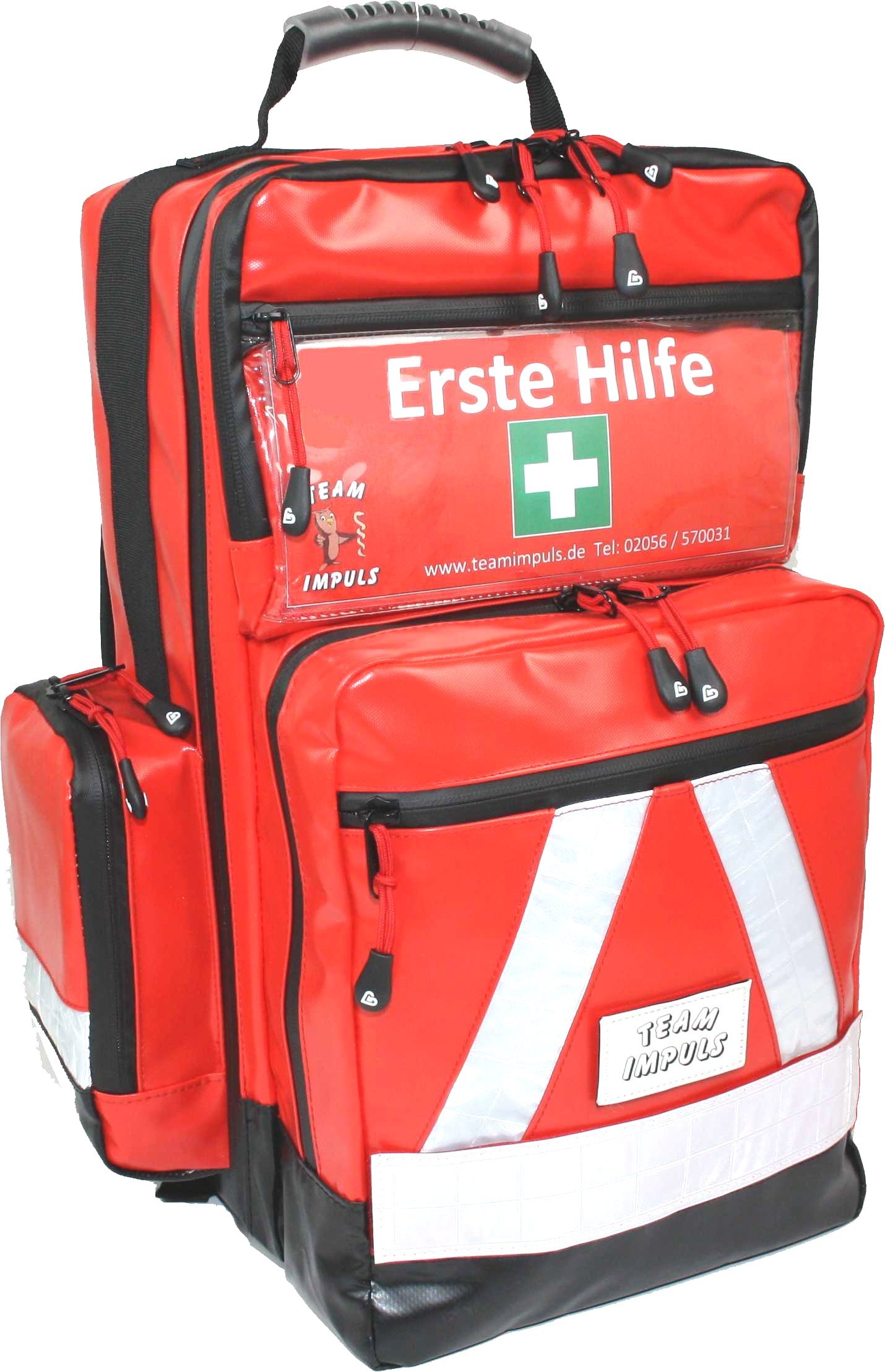 Erste Hilfe Notfallrucksack für Jugendgruppen und Zeltlager - Plane in Rot - Waterstop Reißverschlüsse