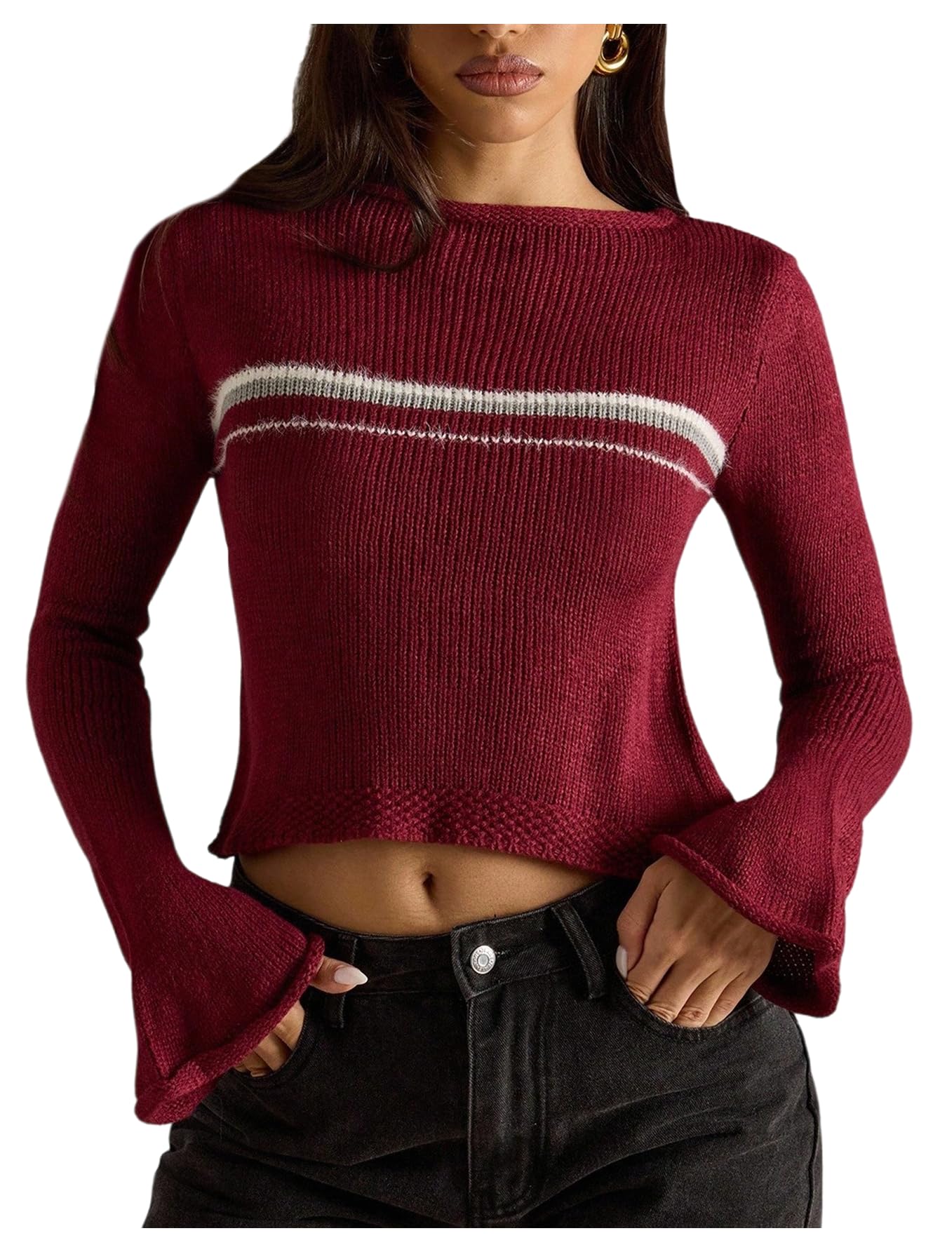 MakeMeChic Womens Striped Crop Sweater Crewneck Bell Sleeve Knitted Sweaters Jumper Tops