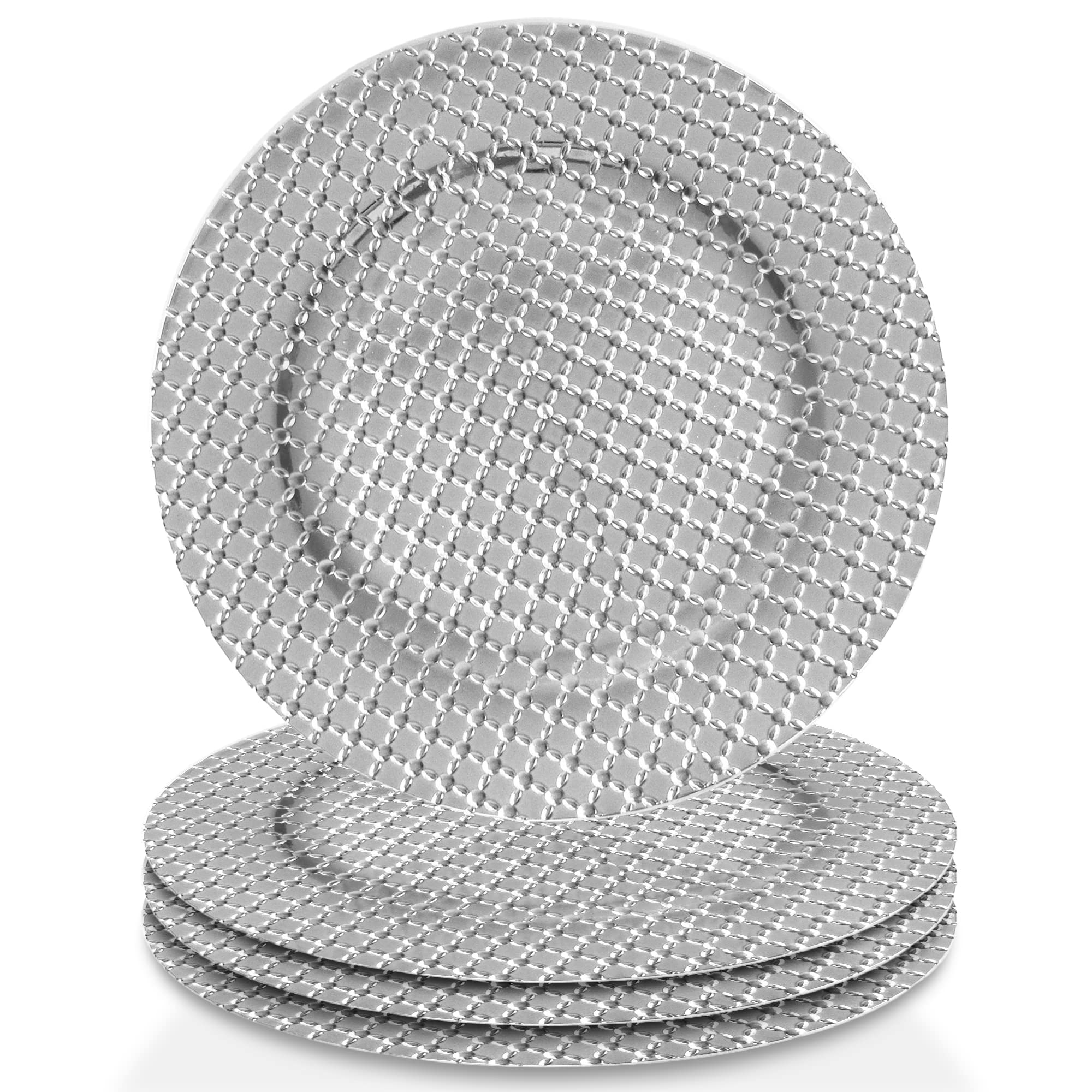 ChargeIt by Jay Charger Large 13” Set of 4 Decorative Service Plate for Home, Professional Fine Dining Perfect for Upscale Events, Dinner Parties, Weddings, Ban, Silver, Silver