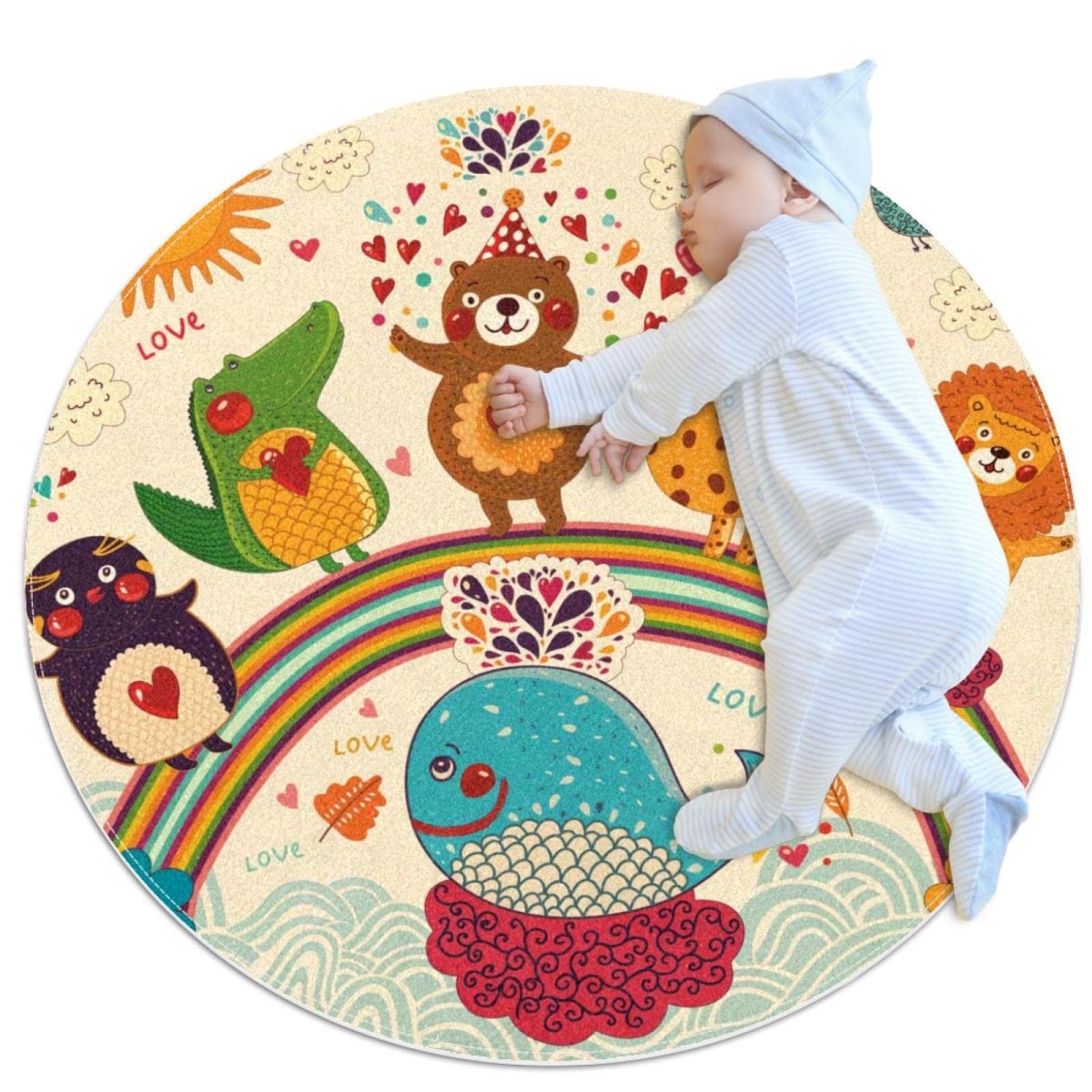 Tapis baleine et animaux de l'arc-en-ciel tapis rond salon buanderie 100x100cm