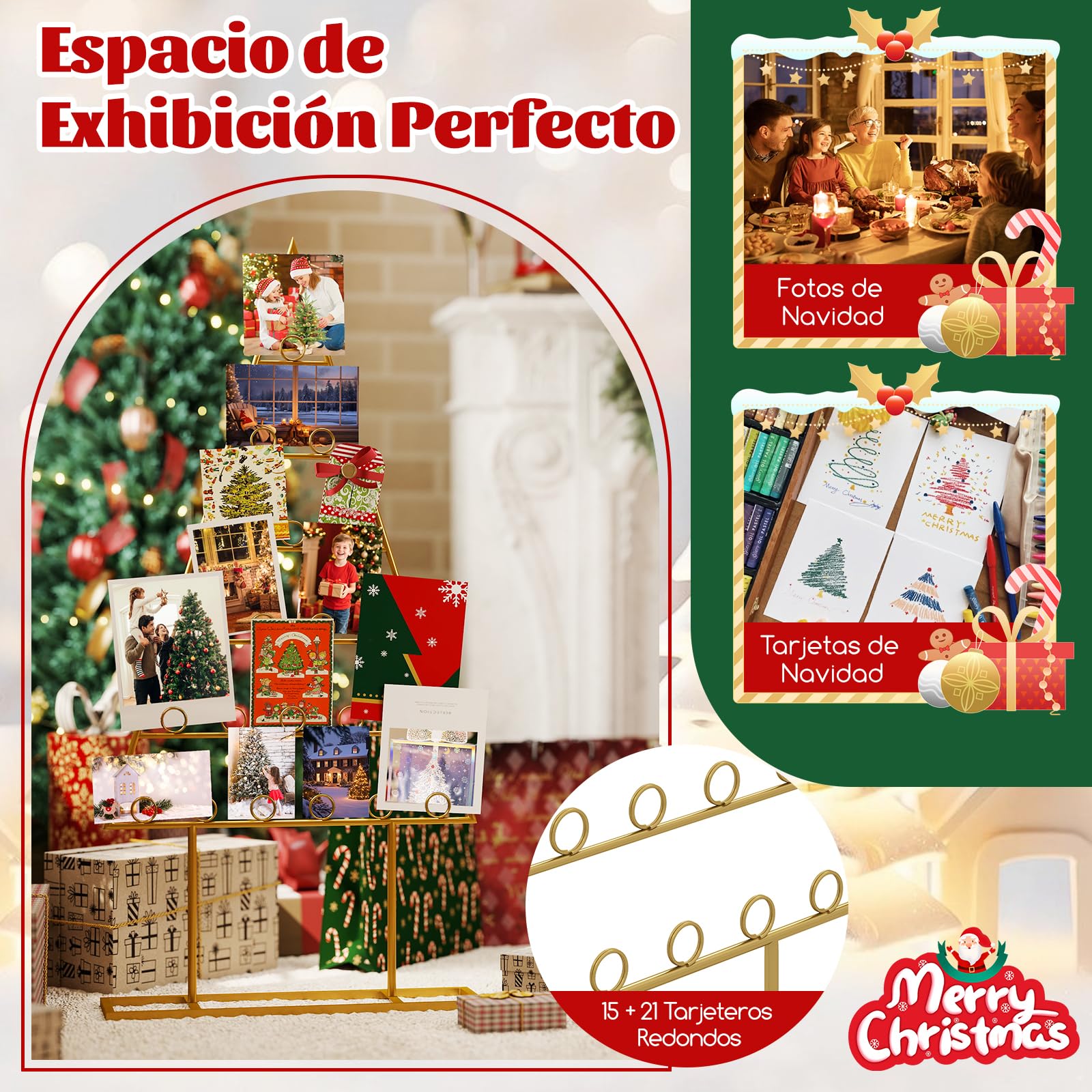COSTWAY 2 Set Árbol de Navidad para Decoración, Árbol de Navidad de Metal con 36 Clips Redondos para Tarjetas, Fotos y Luz Navideño, Marco de Fotos para Decoración Navideña, Casa Oficina, Dorado