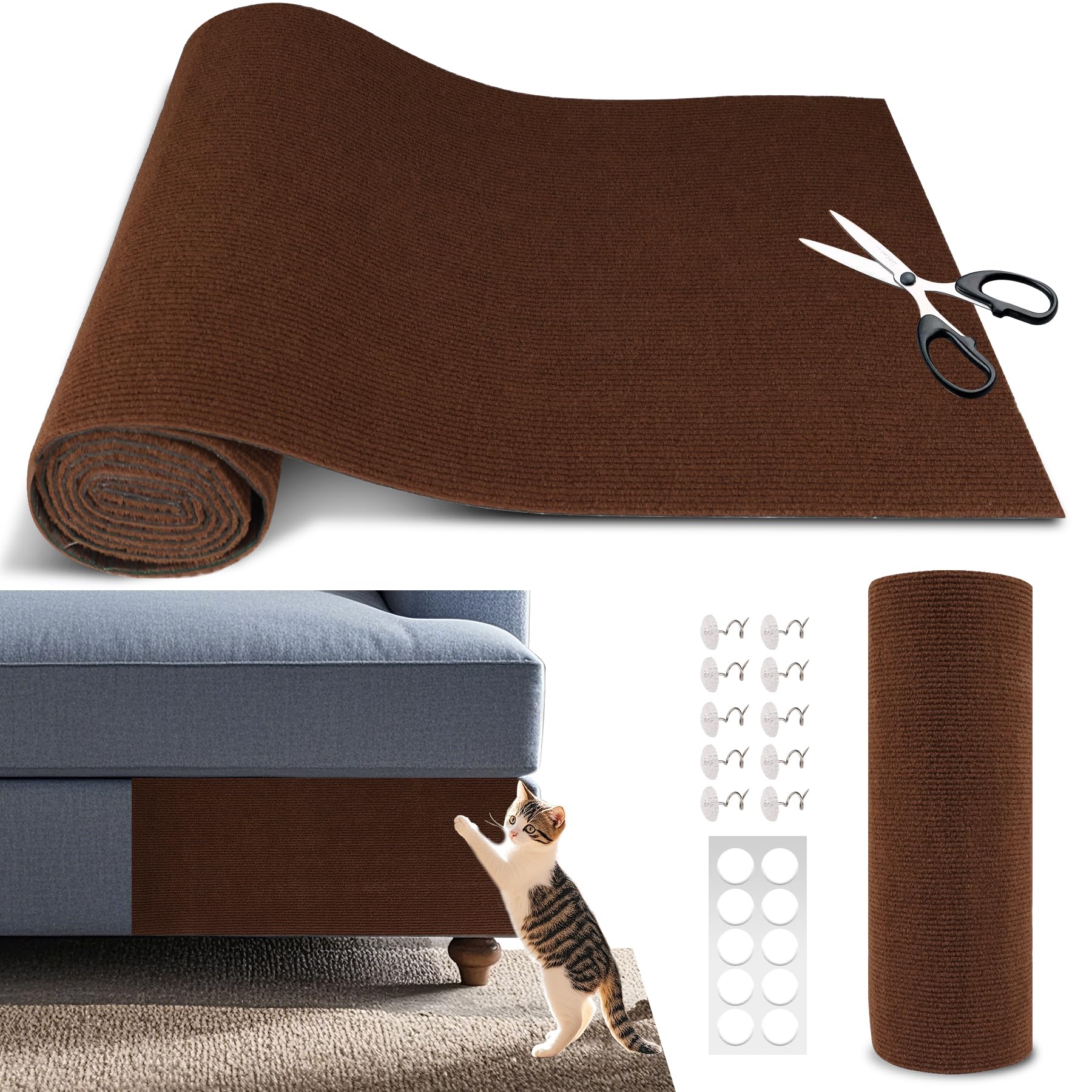 Cat Scratch Furniture Protector, 39.4"x15.8" Self Adhesive Cat Scratch Mat Pad,Cut to Fit DIY Replacement Carpet for Tree,Wall,Bed,Door, Couch Protector (Brown)