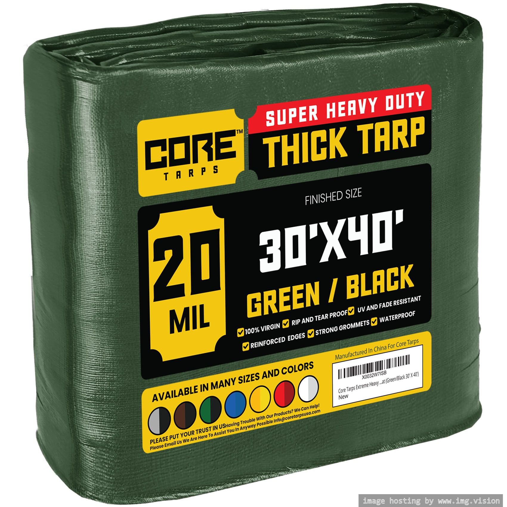 Core Tarps Extreme Heavy Duty 20 Mil Tarp Cover, Waterproof, UV Resistant, Rip and Tear Proof, Poly Tarpaulin with Reinforced Edges for Roof, Patio, Pool, Boat (Green/Black 30′ X 40′)