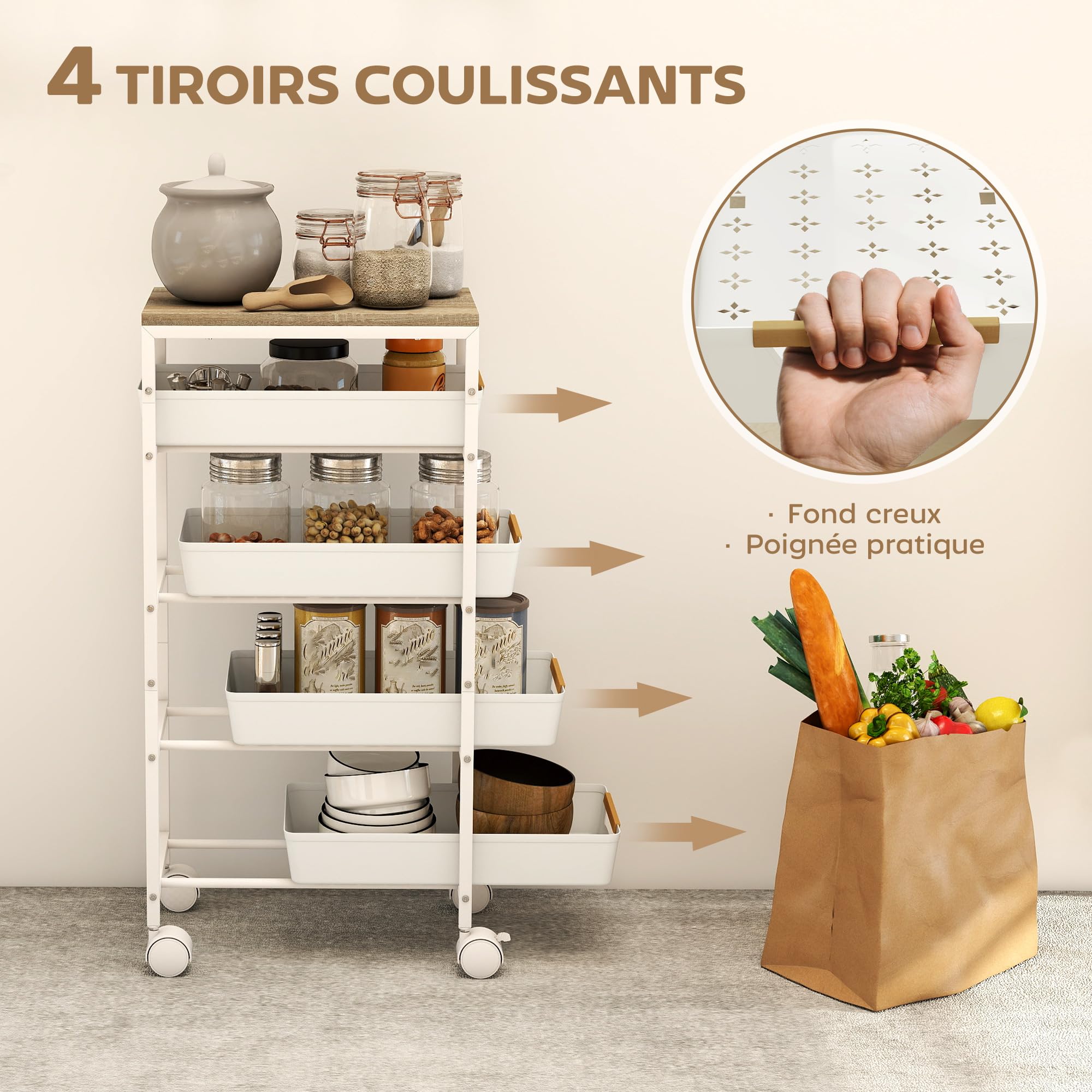 HOMCOM Desserte Cuisine 5 Niveaux, Chariot de Service, Chariot de Rangement à roulettes avec 4 tiroirs coulissants, étagère de Rangement, pour Salon, Cuisine, Salle à Manger, Salle de Bain, Blanc