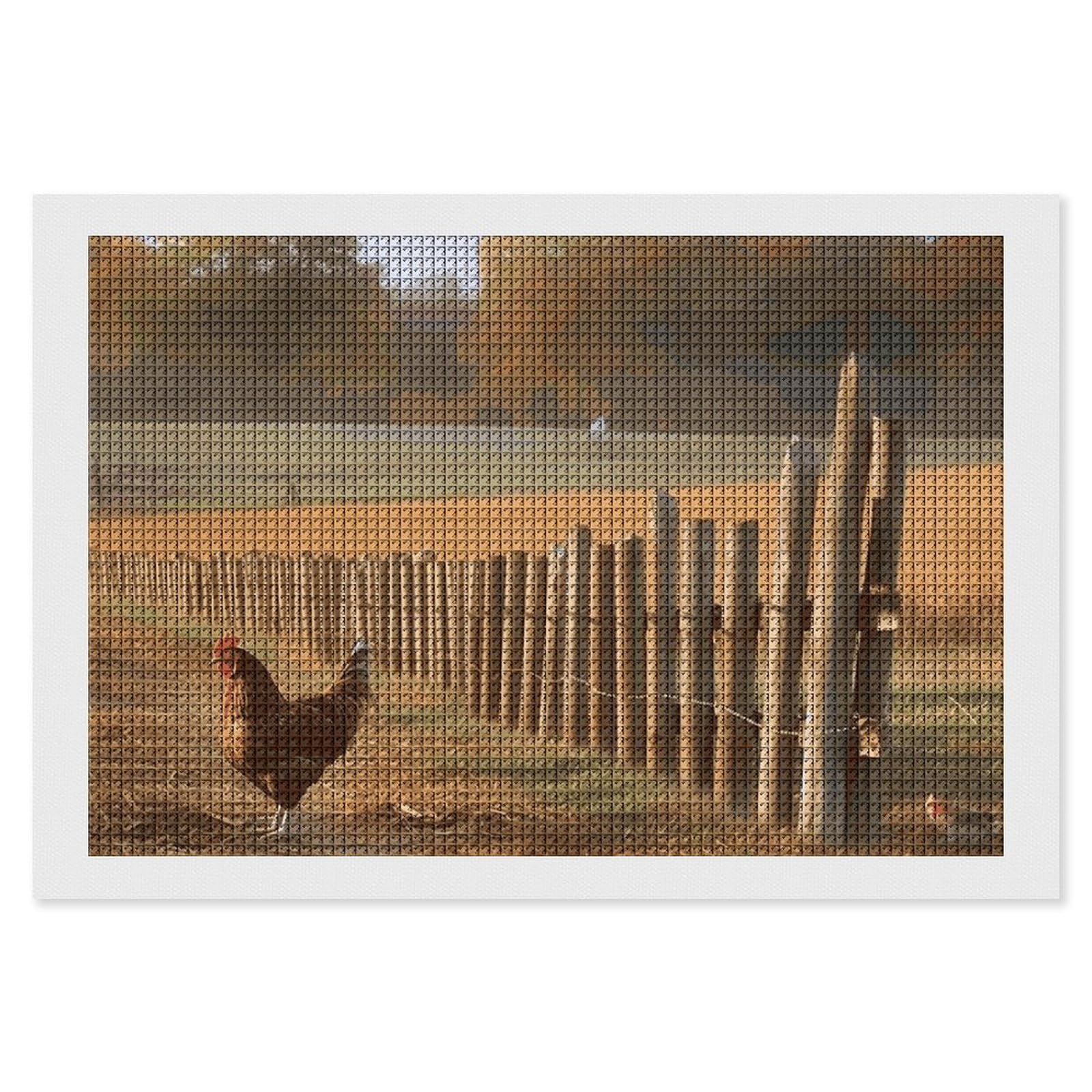 Chicken Wood Stake Farmland Diamond Art Kits for Adults, DIY 5D Diamonds Painting Kits for Beginner, Round Full Drill Diamond Dots Painting, 8"x12" Diamonds Pictures Gem Art and Crafts Wall Decor