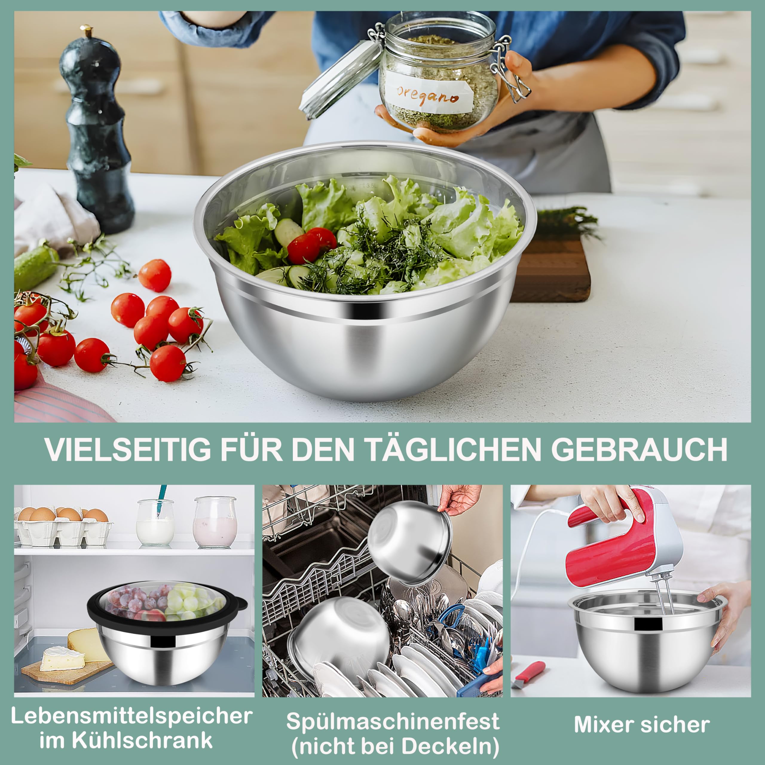 TeamFar Edelstahl-Rührschüsseln Set – 6 Stück (0,7 Bis 4,6 QT) Mit Luftdichten Deckeln, Rutschfest & Stapelbar