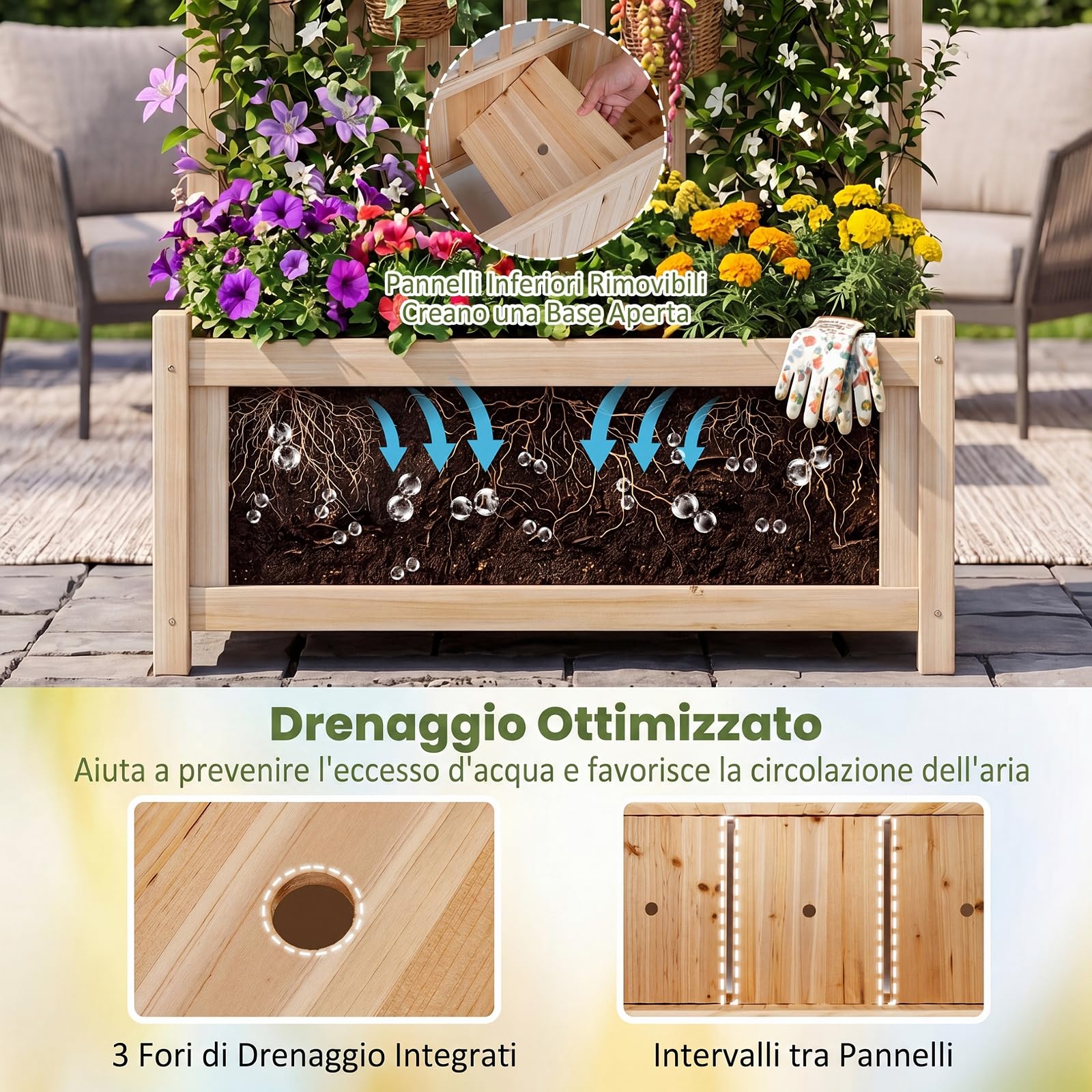 COSTWAY 2 in 1 Fioriera con Traliccio, Letto Orto Rialzato in Legno con Grigliato per Piante Rampicanti, Pannello Rimovibile e Fori di Drenaggio, per Fiori e Verdure, 76 x 32 x 143 cm (Naturale)