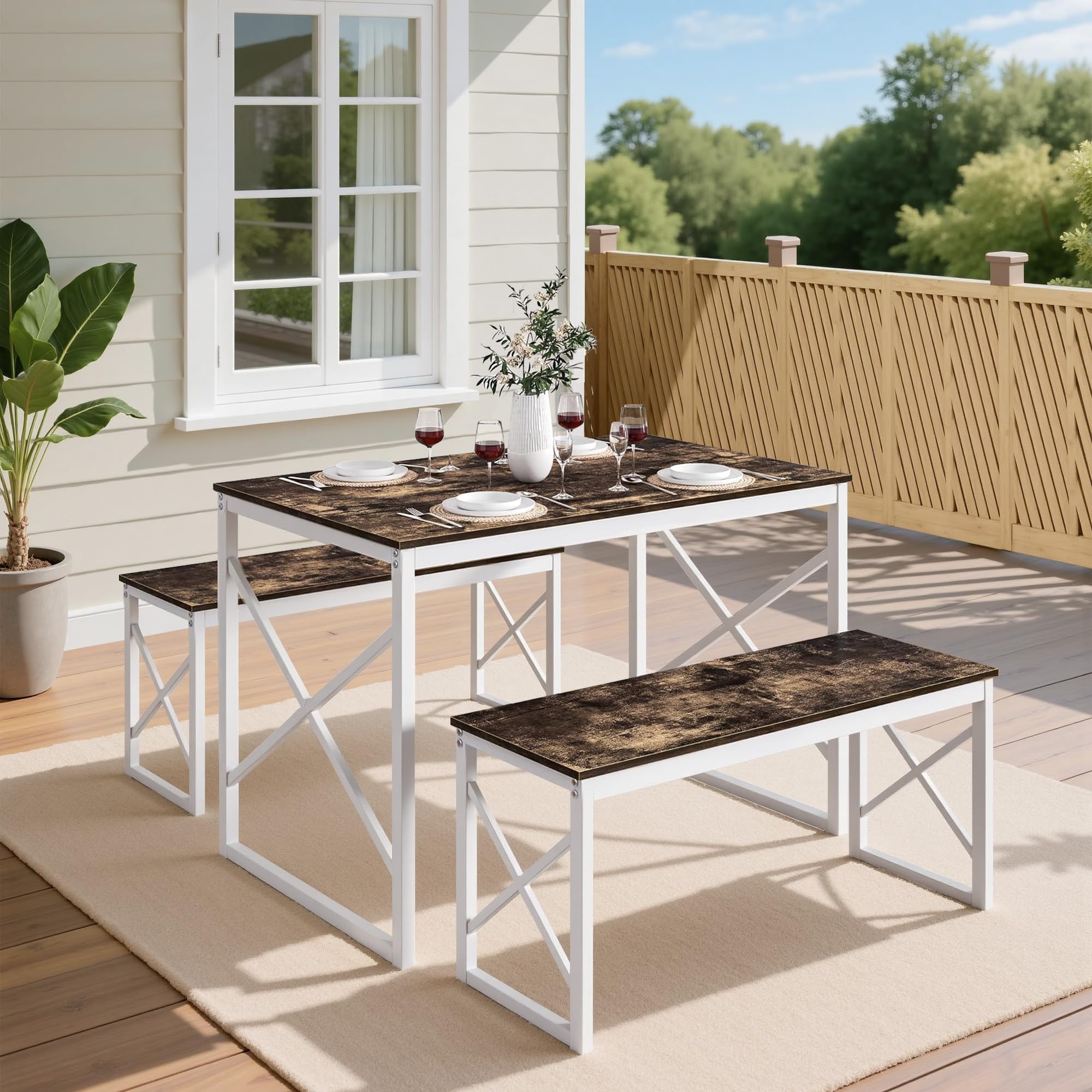 VECELO Kitchen Dining Table Benches Set for 4, 43.3" Wooden Dinette with 2 Benches, Heavy-Duty Dining Room Table for Small Space, Breakfast Nook, Dark