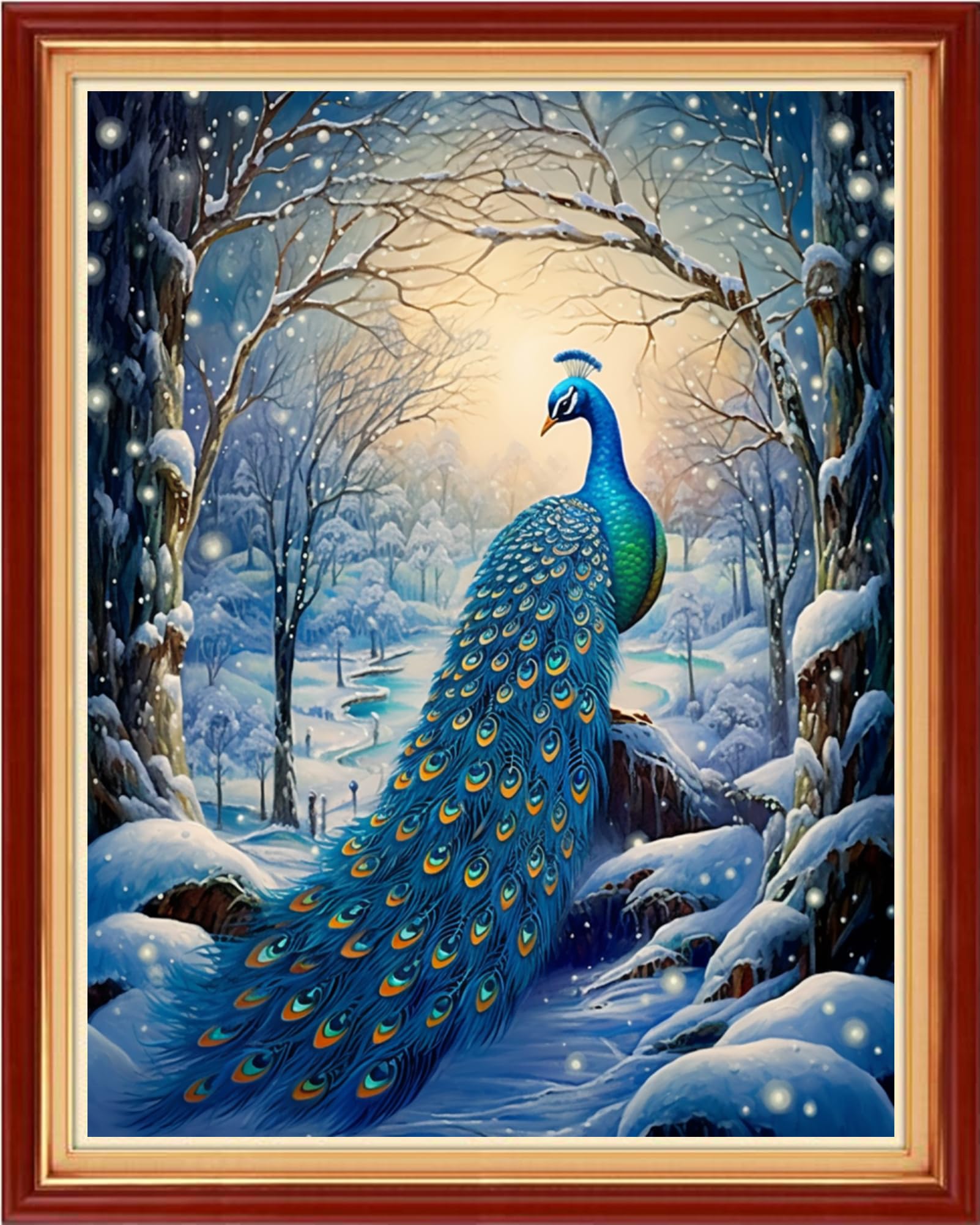 Dimxvean Stamped Cross Stitch Kits,Cross Stitch Kits for Adults Beginners,Embroidery Kits Full Range of Cross Stitch Stamped Kits Needlepoint Kits Cross Stitch Patterns-Blue Peacock Snow 16x20 inch