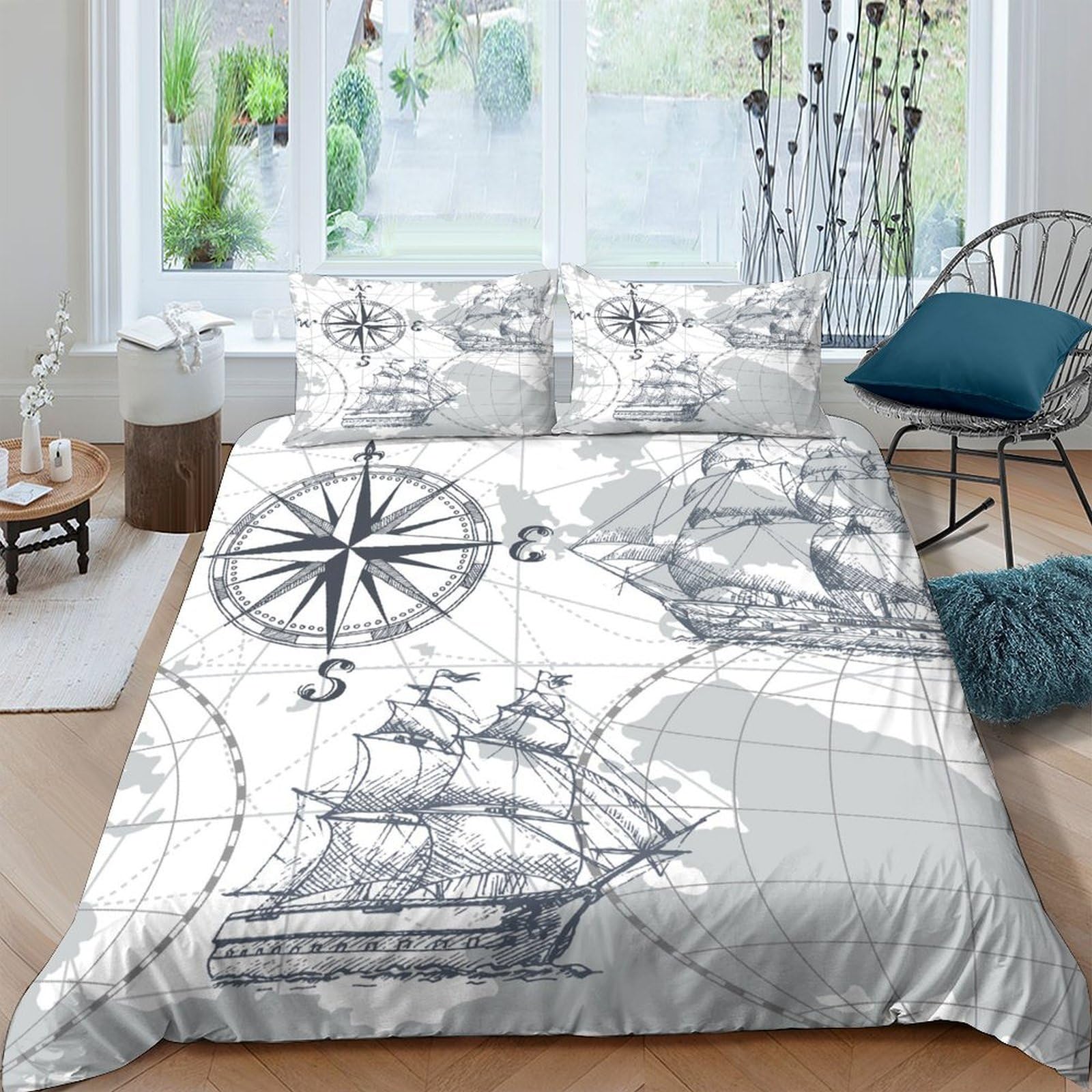 Ctjqhvkz Style-4 3D Printed Nautical Compass Fitted Sheet Microfiber Soft Ship Map Bed Cover For Bedroom Decor Dorm Mattress Protection Single（135X200cm）