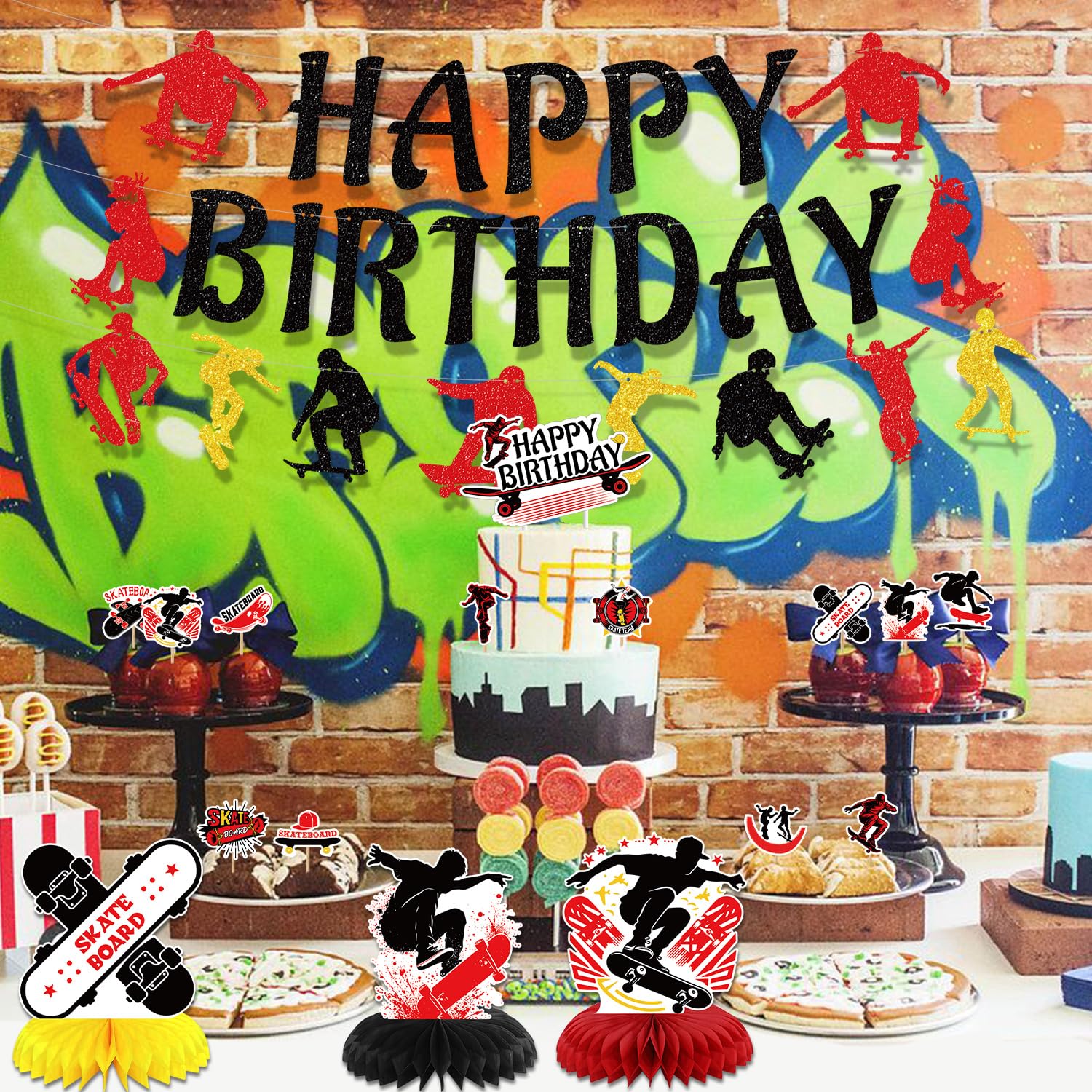 Skateboard Geburtstag Party-Deko Set – Inkl. Banner, Cake Topper, Luftballons & Tischdeko Für Coole Kids-Partys