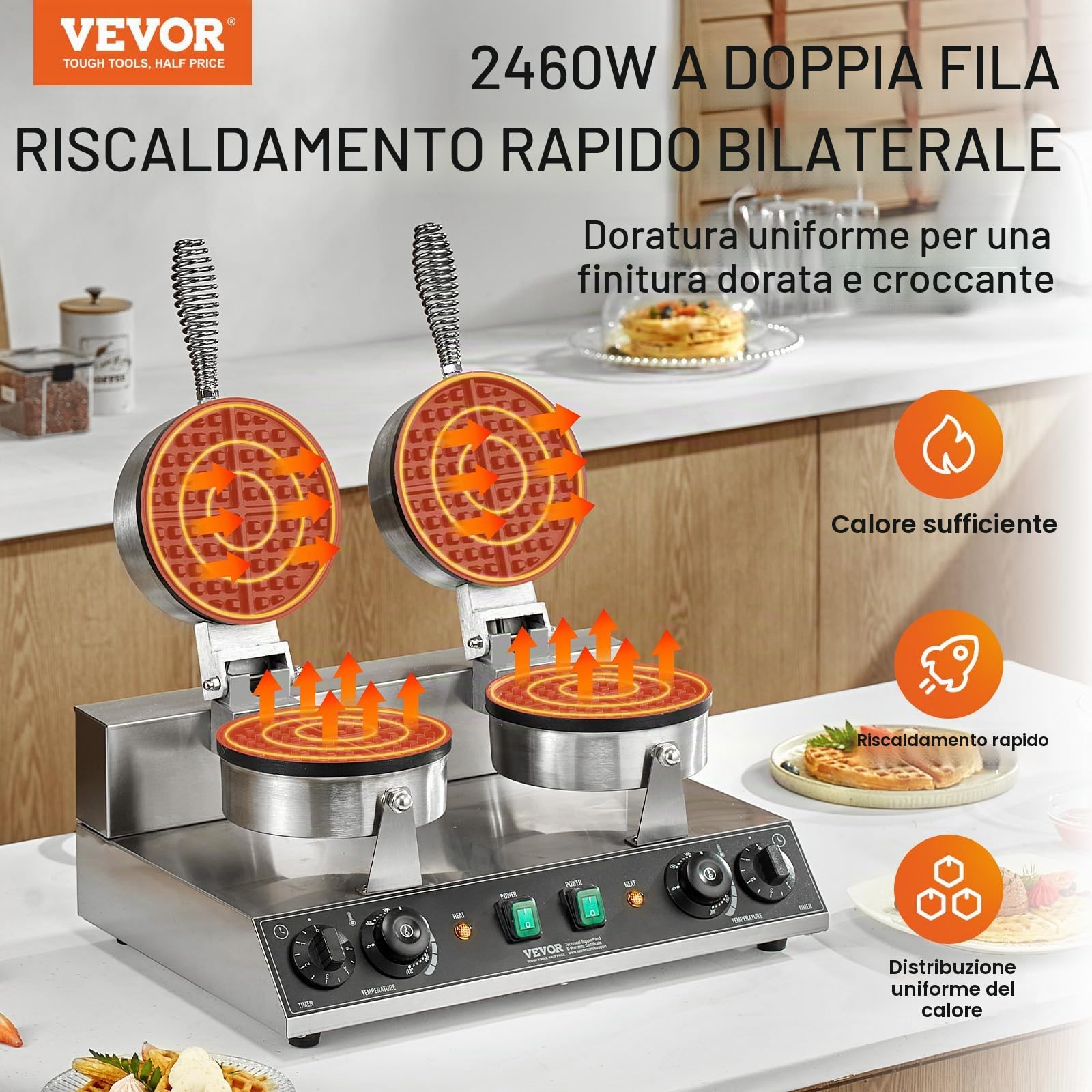VEVOR Macchina per Waffle Commerciale Rotonda a Doppia Testa, Piastra Waffle Belga in Acciaio Inox Antiaderente 2460 W con Controllo Temperatura Tempo e Maniglia, per Ristoranti Panetterie, Snack Bar
