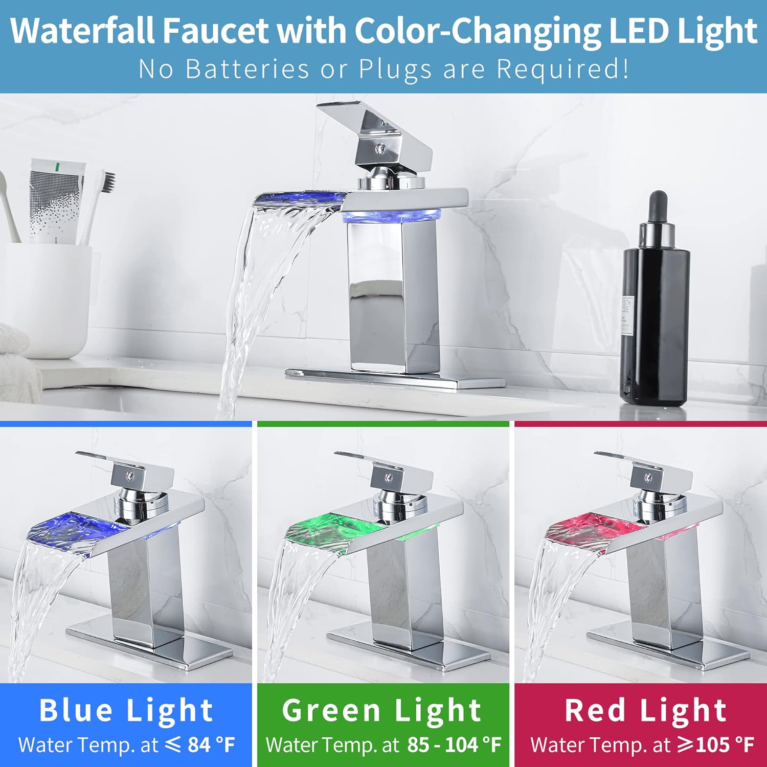 LED Bathroom Sink Faucet - Chrome Single Hole or 4 Inch Centerset Waterfall Faucet with Stainless Steel Spout and Temperature-Sensitive LED Lights, Includes Deck Plate