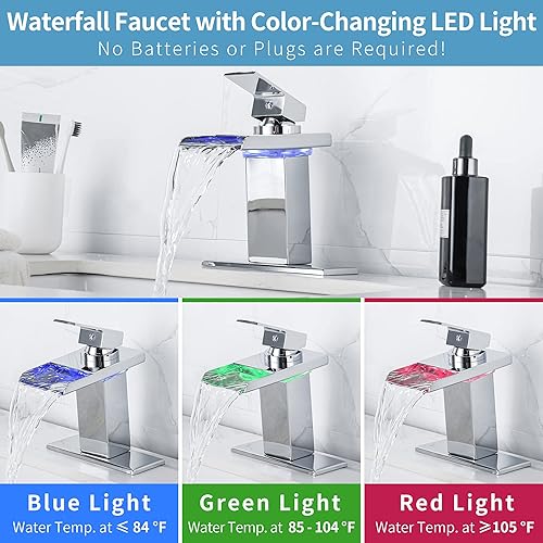 Miniatura 8 de Grifo LED para lavabo de baño, grifo de cascada de níquel cepillado de un solo orificio o centro de 4 pulgadas con boquilla de acero inoxidable y