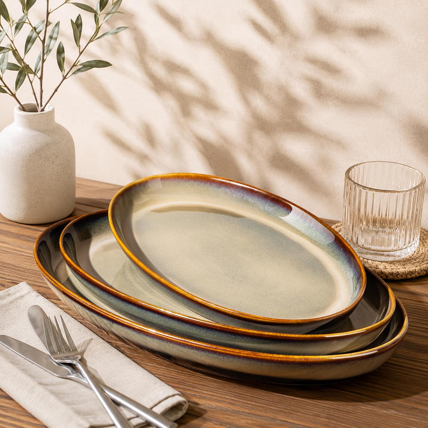 theterra Ceramic Serving Platter Set of 3, Oval Serving Plates and Dishes