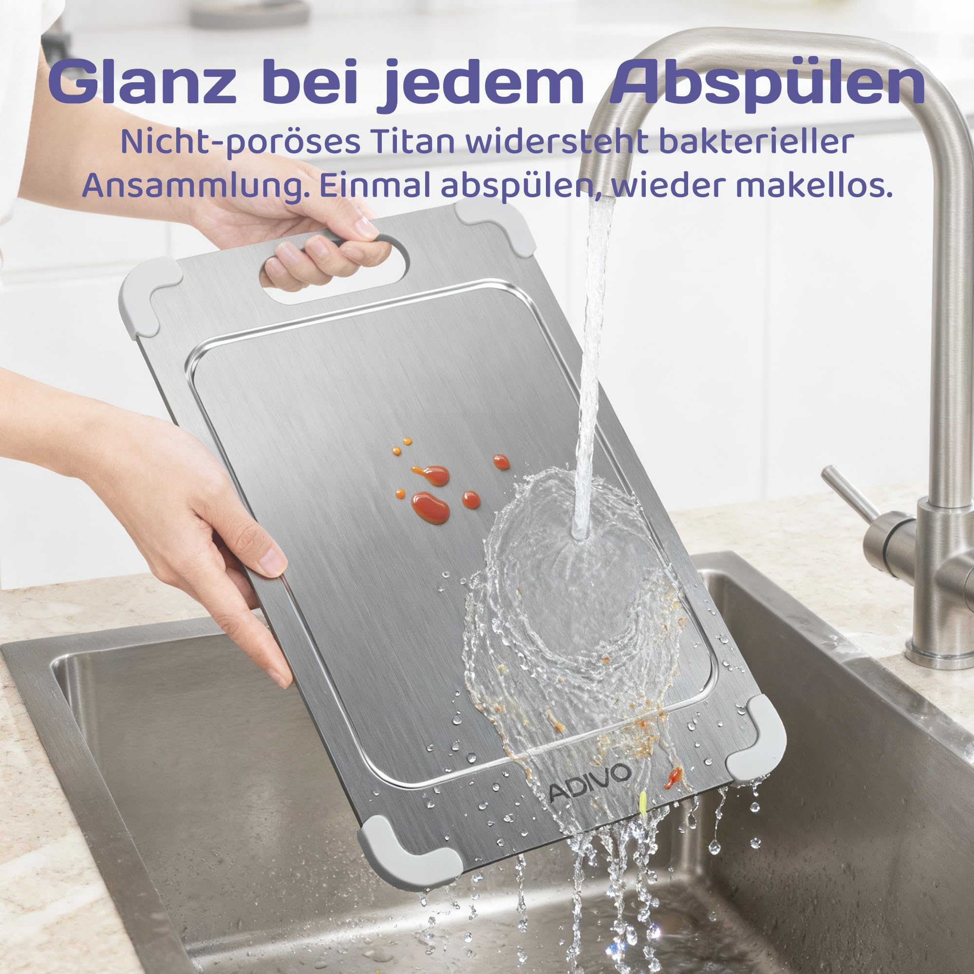 adivo 100% Reines Titan-Schneidebrett, beidseitig nutzbar, ultradünn & leicht, antibakteriell, einfach zu reinigen, rostfrei, 39×28×0,15 cm, Silikonecken, ideal für Camping & Outdoor