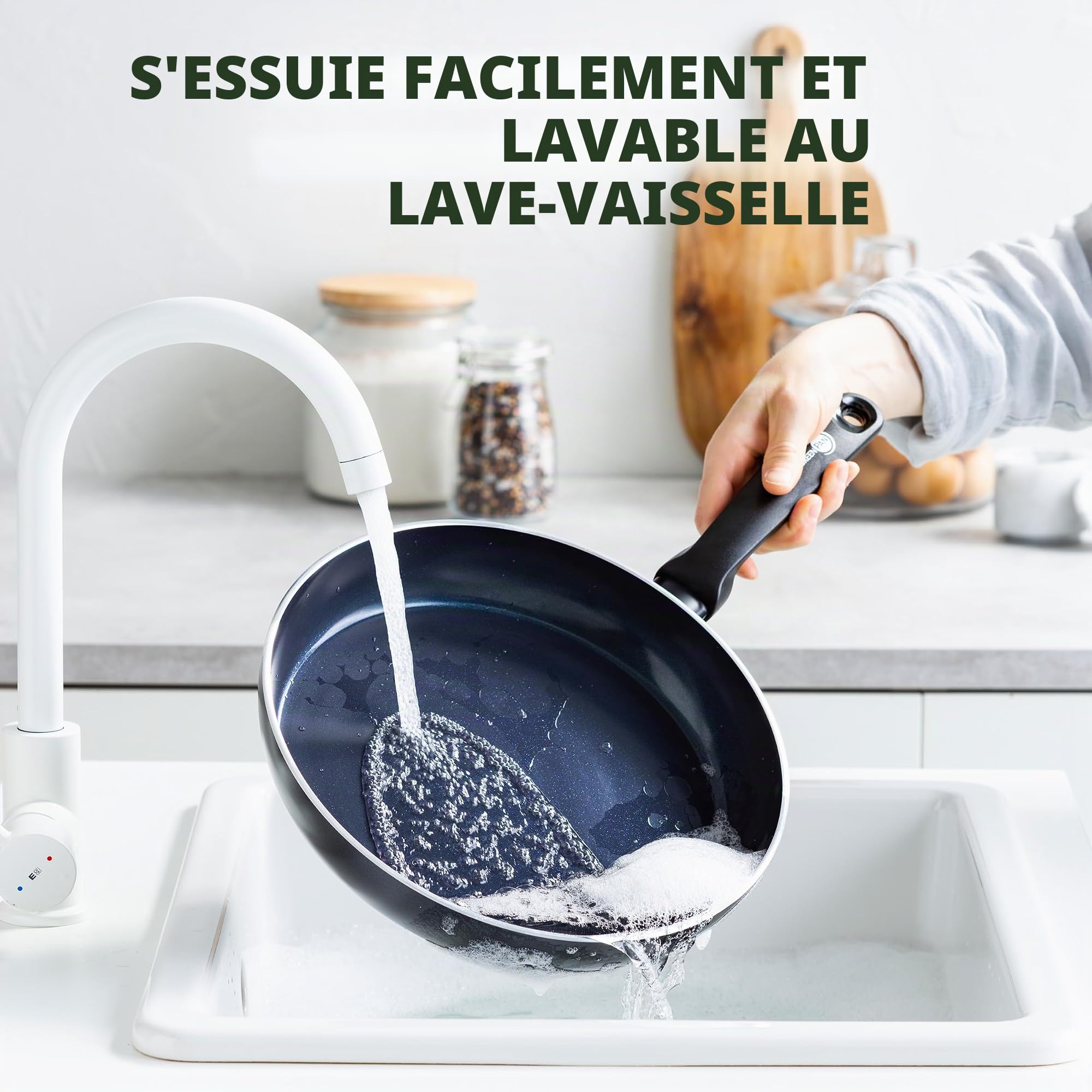 GreenPan Torino Set de Poêles à Frire Antiadhésive 3 pièces en Céramique Saine, 20 cm, 24 cm & 28 cm, Sans PFAS, Induction, Va au four jusqu'à 160°C, Lavable au lave-vaisselle, Noir