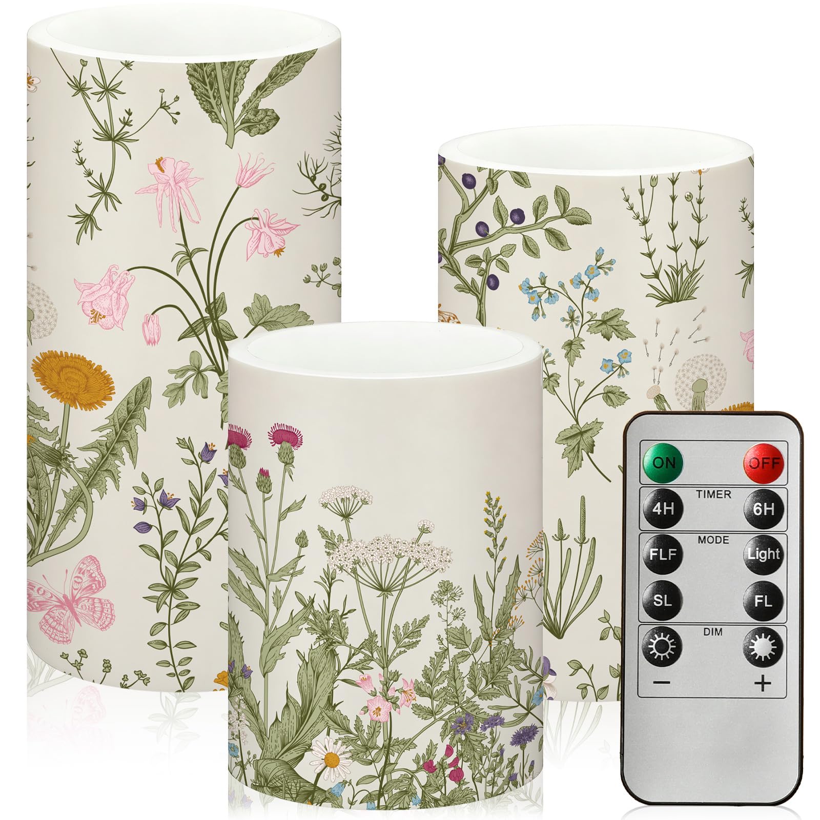 Photo 1 of Baquler Wildflowers Floral Glass Flameless Candles with Remote Timer Battery Operated LED Flickering Pillar Spring Summer Butterfly Dinner Holiday Decor