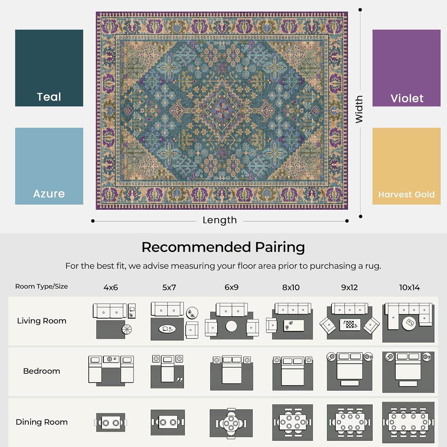 8x10 Area Rugs for Living Room, Machine Washable Low Pile Rug, Non Slip Backing Boho Rugs for Bedroom, Printed Soft Vintage Carpet Teal Green Purple 8 x 10 - Image 2