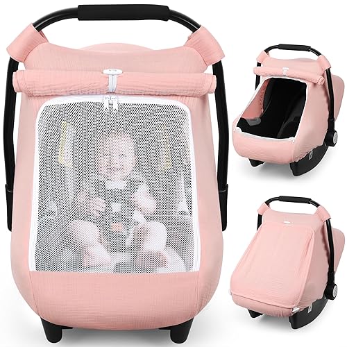 Rquite Funda de asiento de automóvil para bebé, fundas de asiento de automóvil para niña y niño, muselina transpirable, ventana de malla grande,