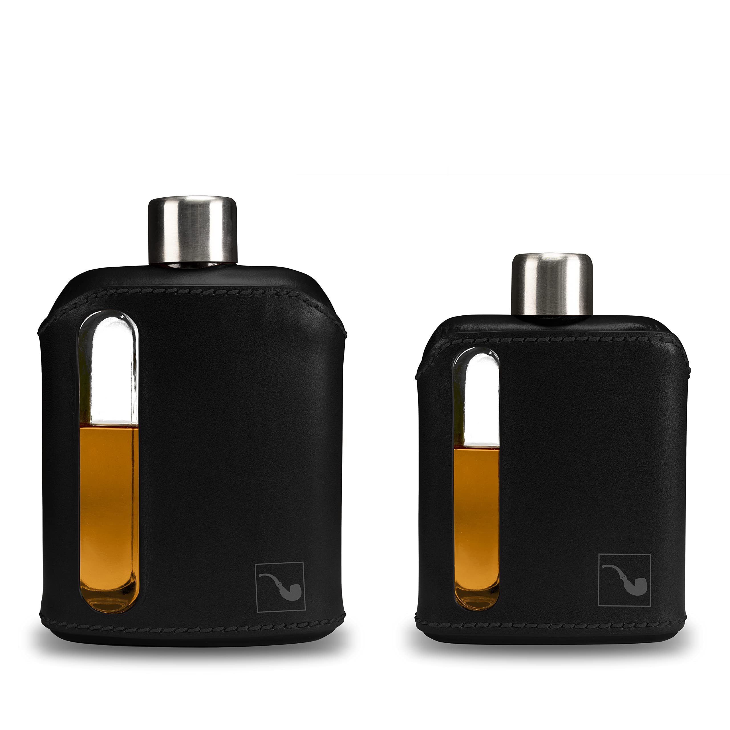 RagproperModern Glass Hip Flask - Durable Leather Covered Flask for Whiskey, Spirits, & Other Liquor - Ideal Glass Flask for Men & Women (Single Shot 100ml + Double Shot 240ml, Leather Black)