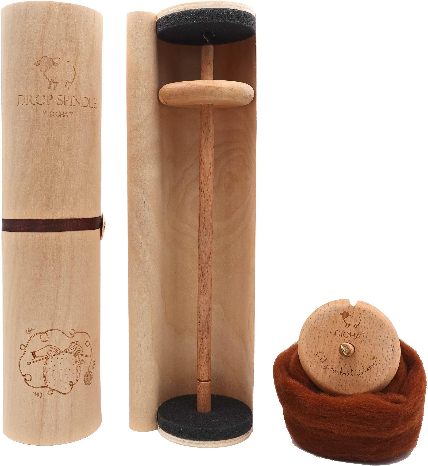 DICHA 3 Inch Drop Spindle Kit- High Low Whorl Wooden Spindles with Tutorial -Weaving Spinning Wheels for Beginners-All in A Gift Box-Perfect Spinner Gifts-Durable,Easy to Use