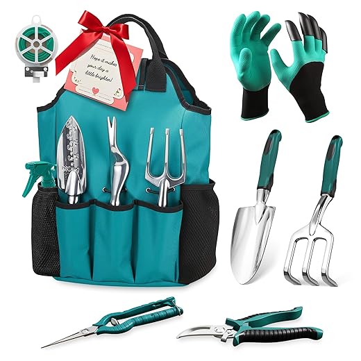 Garden Tool Set, Gardening Gifts for Women, Men, Mom, Dad, 11-Piece Heavy-Duty Aluminum Hand Tools Set with Tote Bag, Ergonomic Handles, Rust-Proof Starter Garden Kits, Gardening Essentials & Supplies